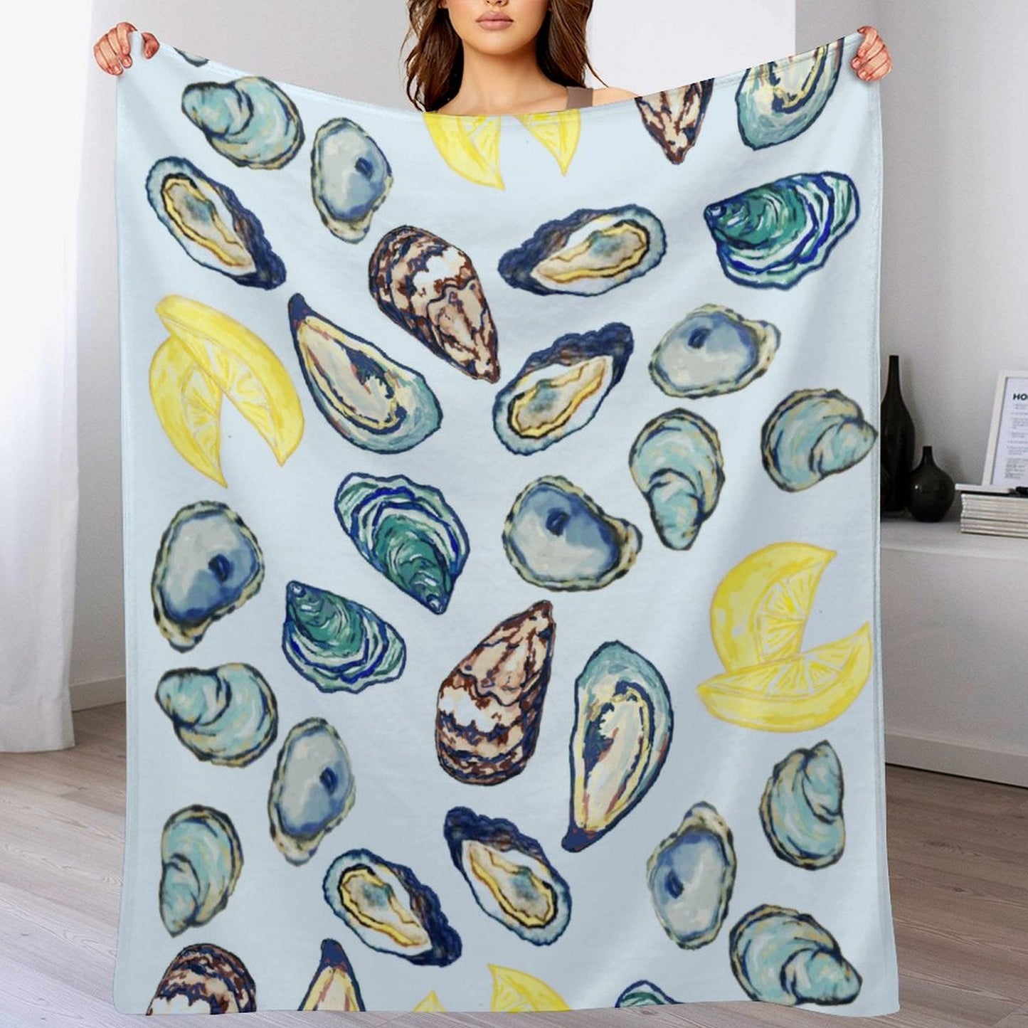 Oysters and Lemons Flannel Blanket - Blue Cava