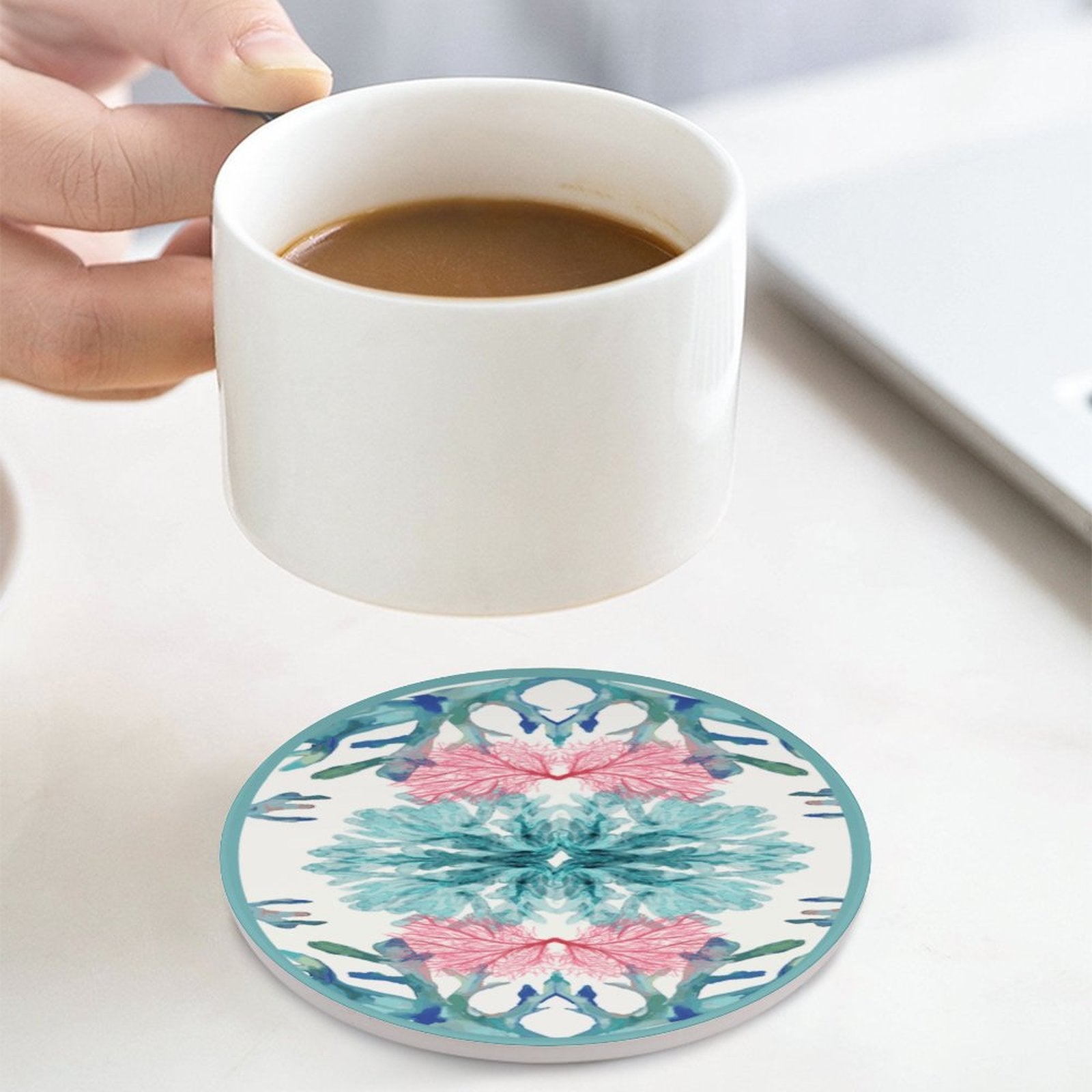 Pastel Coral Round Ceramic Coaster - Blue Cava