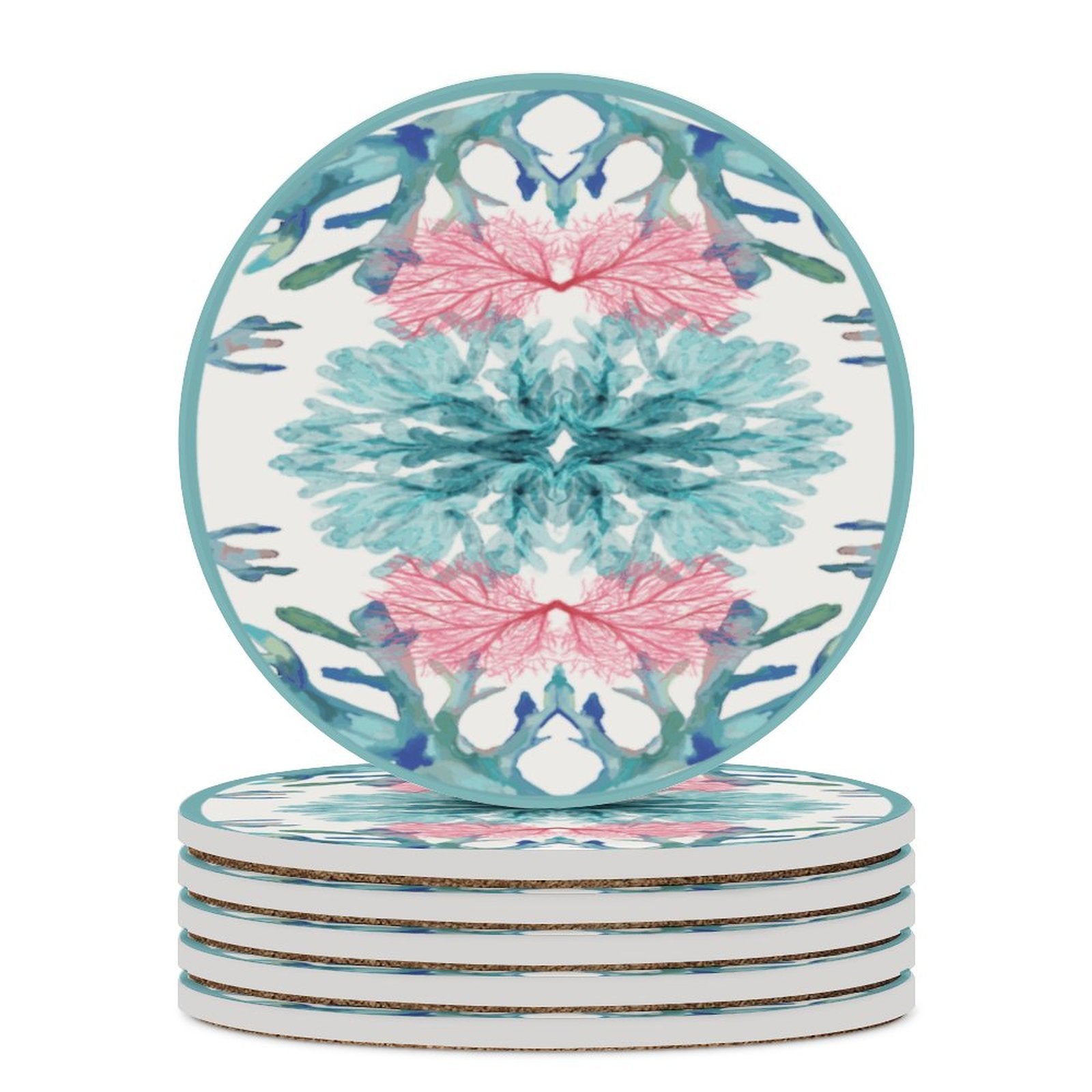 Pastel Coral Round Ceramic Coaster - Blue Cava