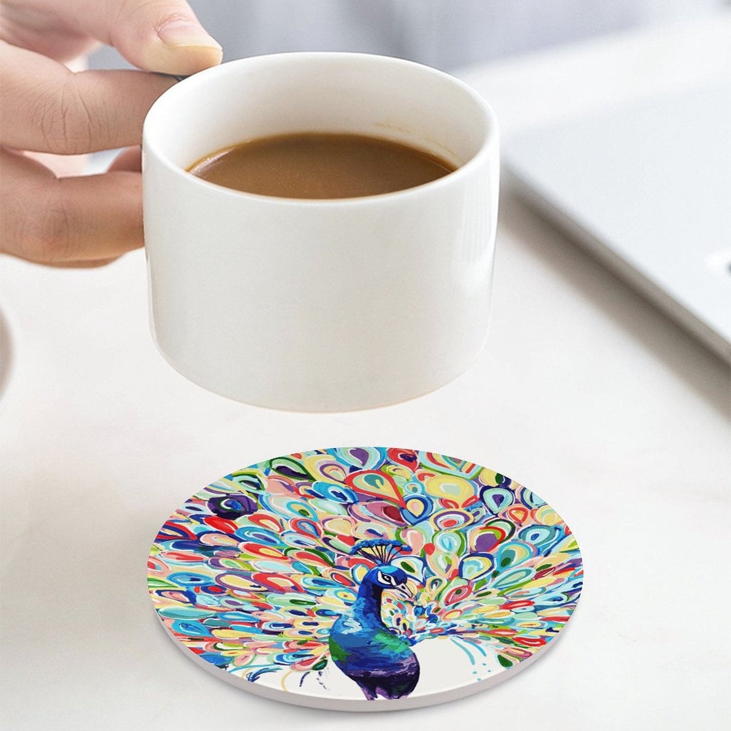 Peacock Trails Round Ceramic Coaster Sets - Blue Cava