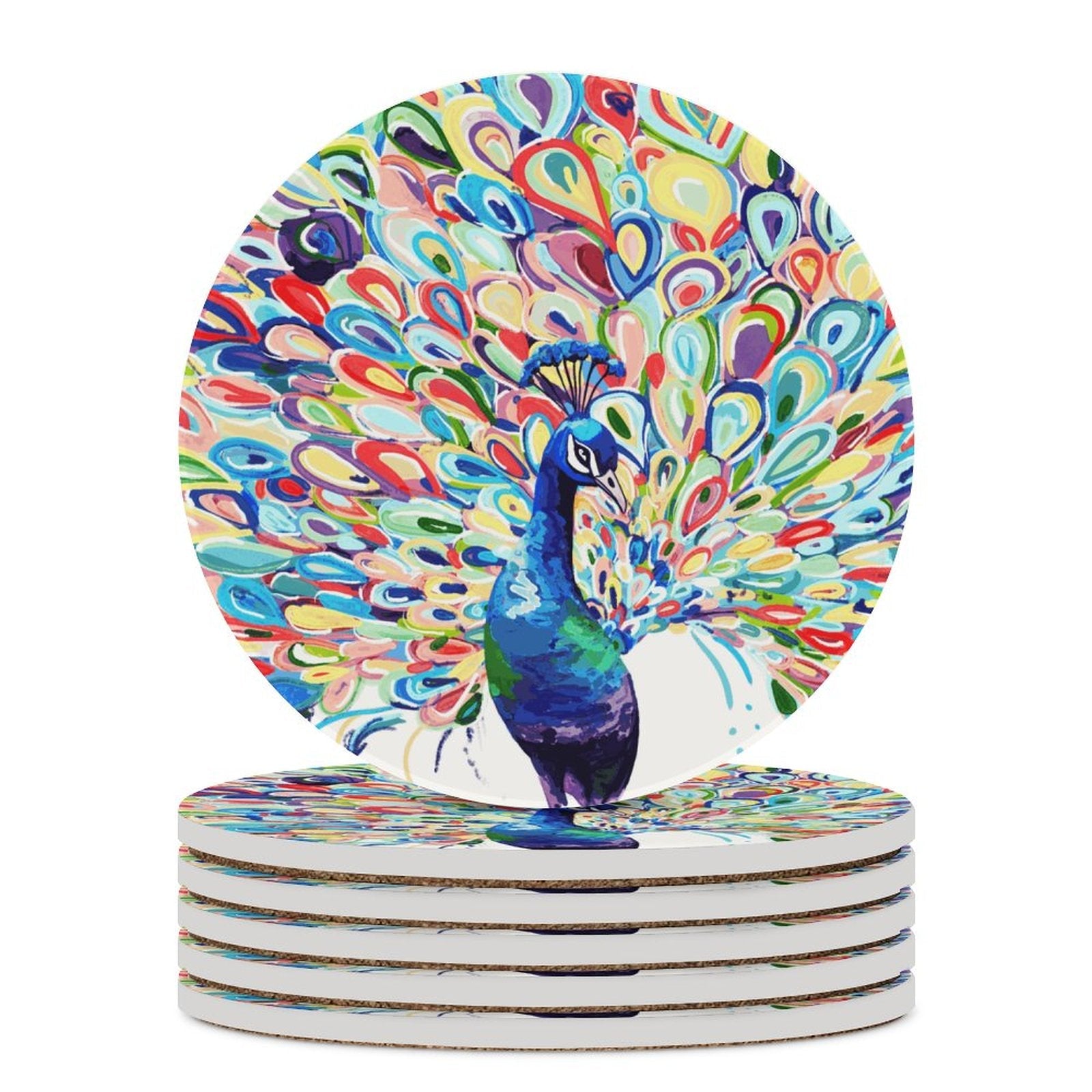 Peacock Trails Round Ceramic Coaster Sets - Blue Cava