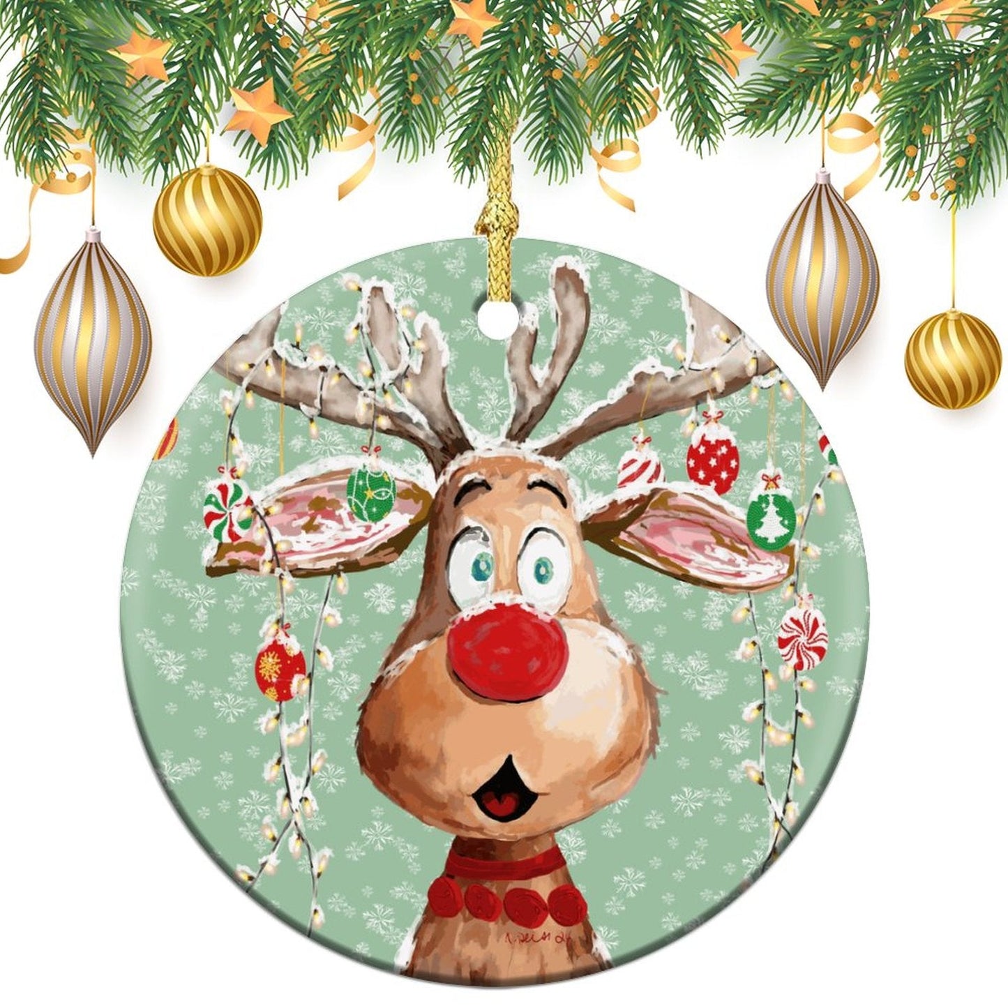 "Pedro" Reindeer Christmas Ceramic Ornament - Blue Cava