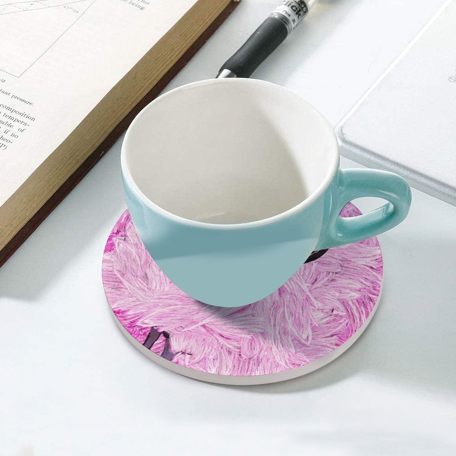 Pink Flamingo Round Ceramic Coaster - Blue Cava