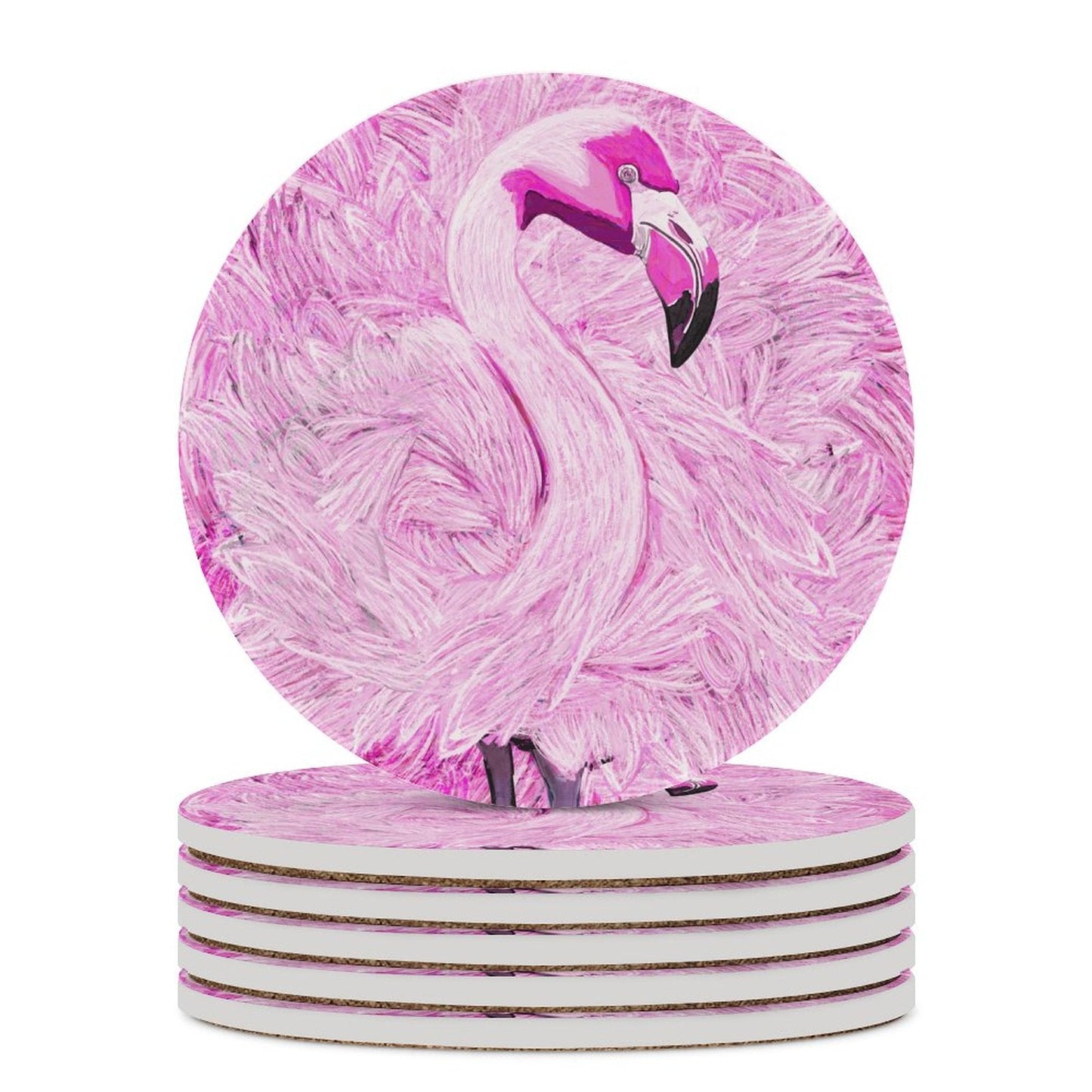 Pink Flamingo Round Ceramic Coaster - Blue Cava