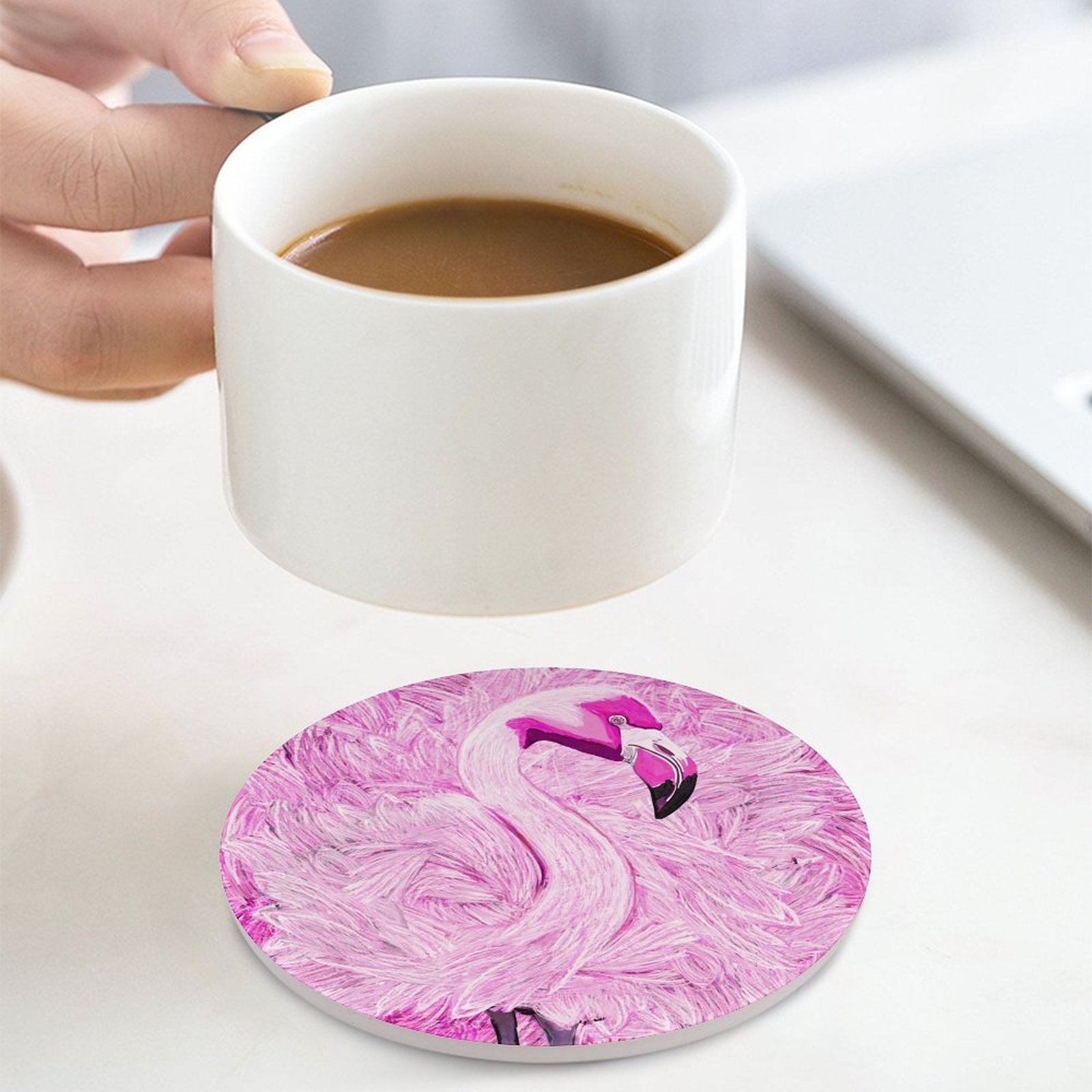 Pink Flamingo Round Ceramic Coaster - Blue Cava