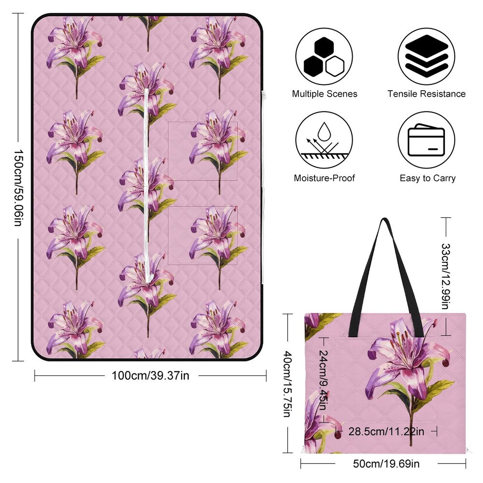 Purple Lily Zipper Foldable Picnic Mat - Blue Cava