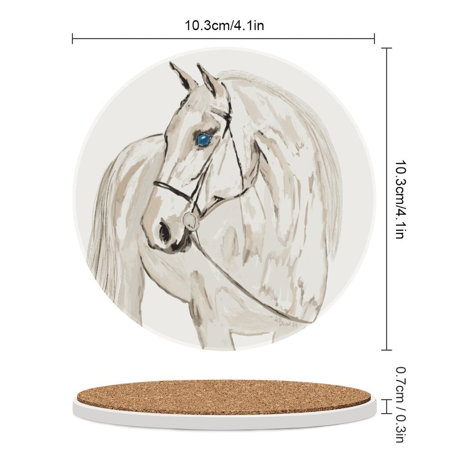 “Raine” Horse Round Ceramic Coaster - Blue Cava