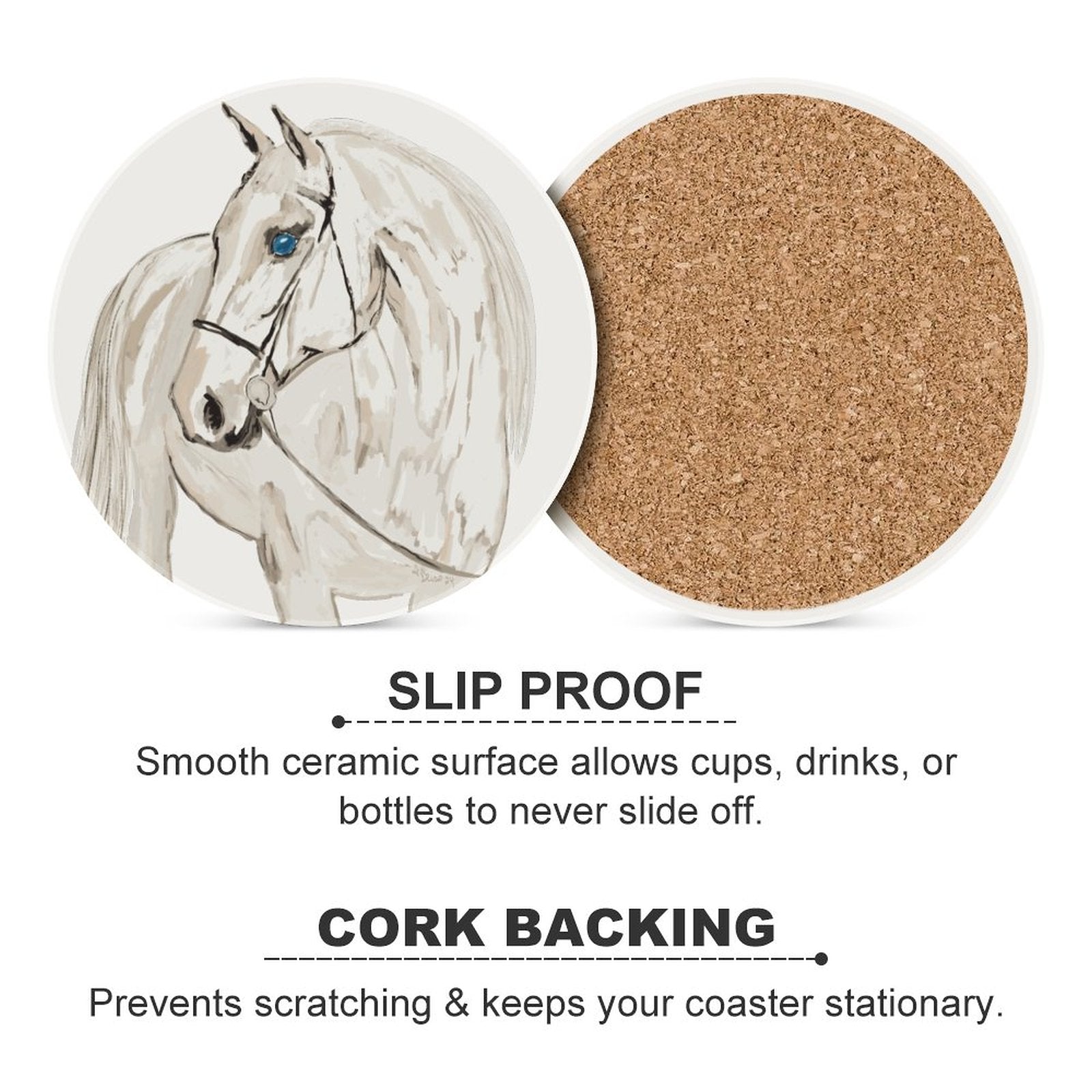 “Raine” Horse Round Ceramic Coaster - Blue Cava