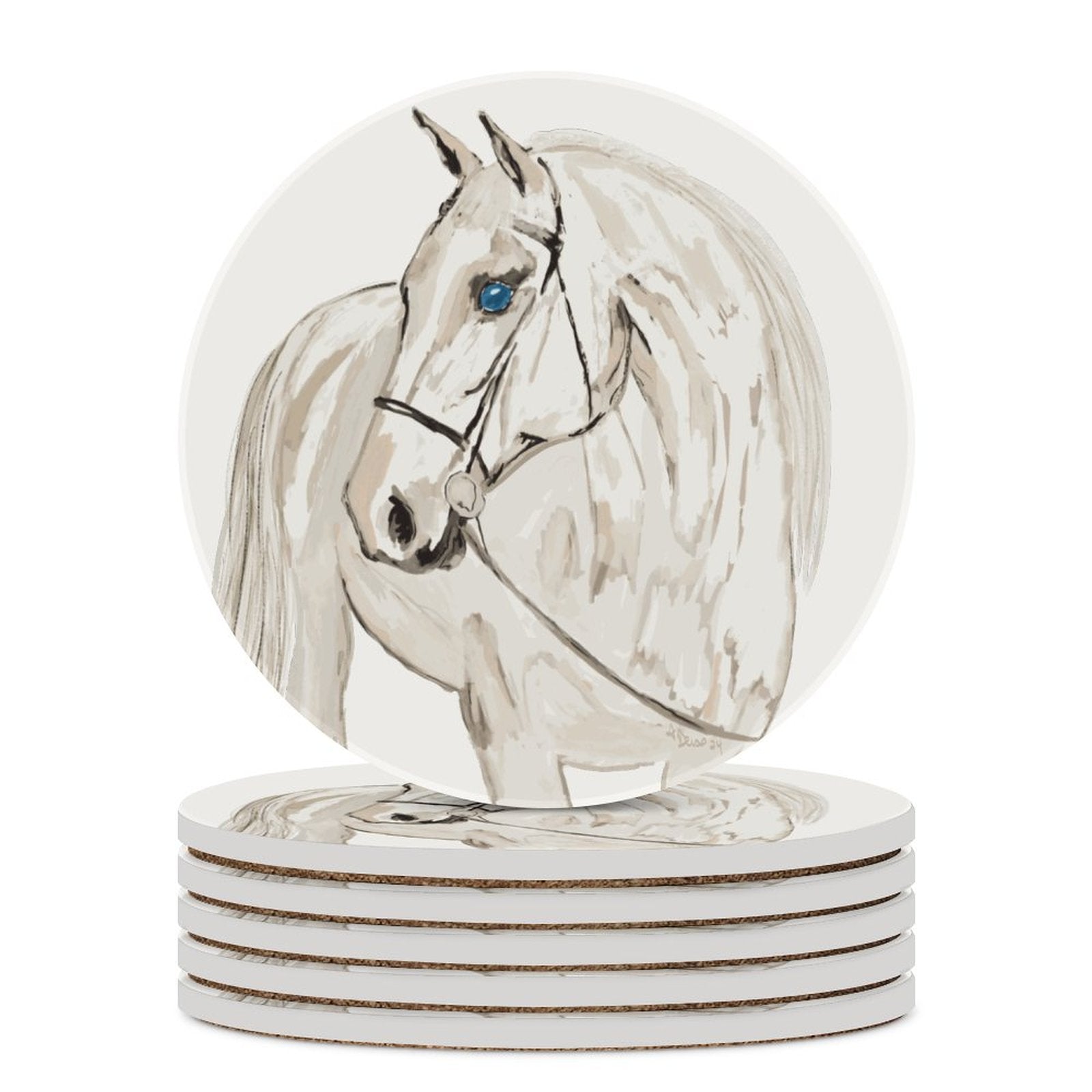 “Raine” Horse Round Ceramic Coaster - Blue Cava