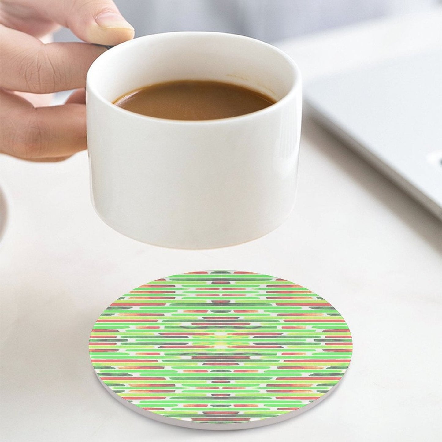 Red & Green Graphic Coaster Round Ceramic Coaster - Blue Cava