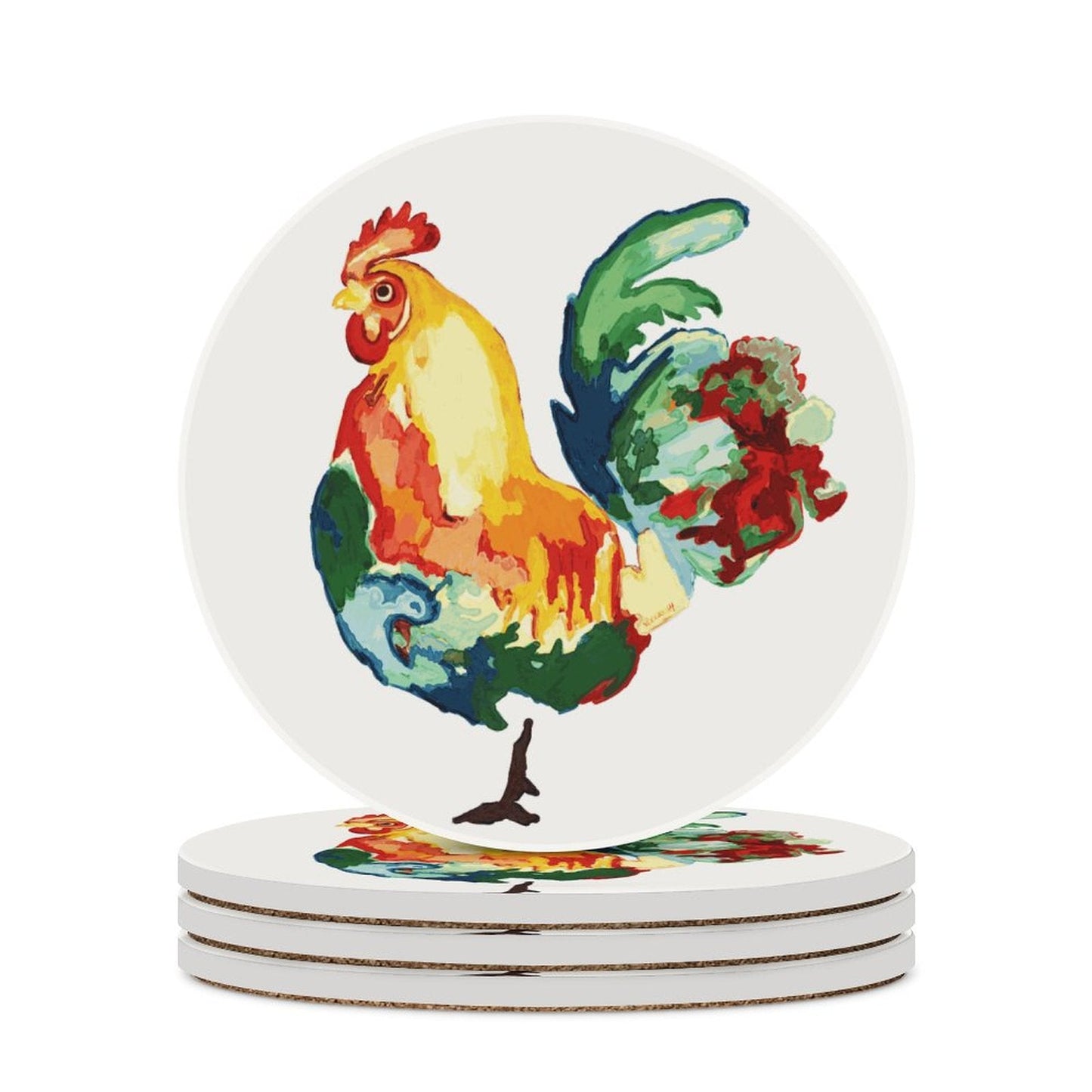 Rooster Round Ceramic Coaster Sets - Blue Cava