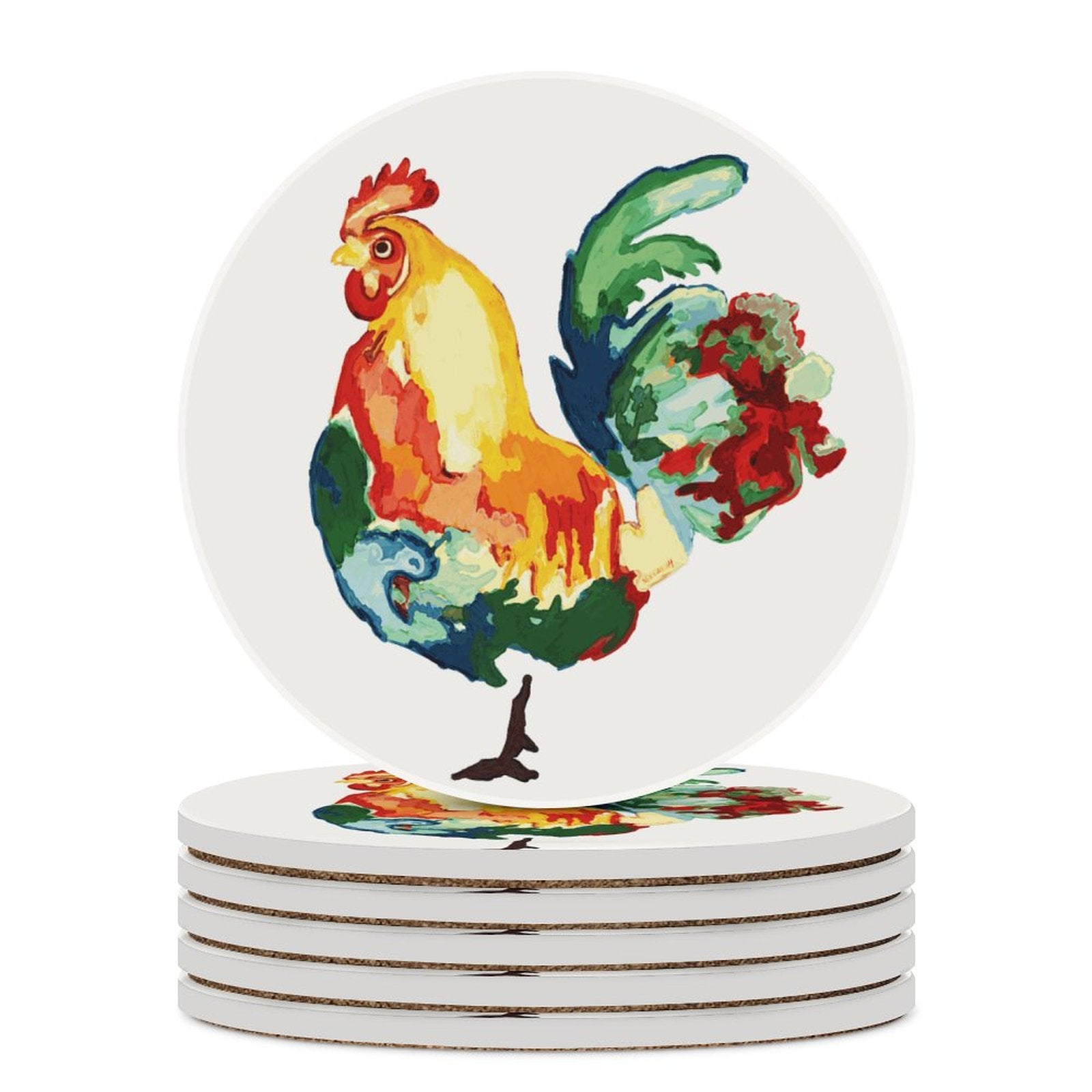 Rooster Round Ceramic Coaster Sets - Blue Cava