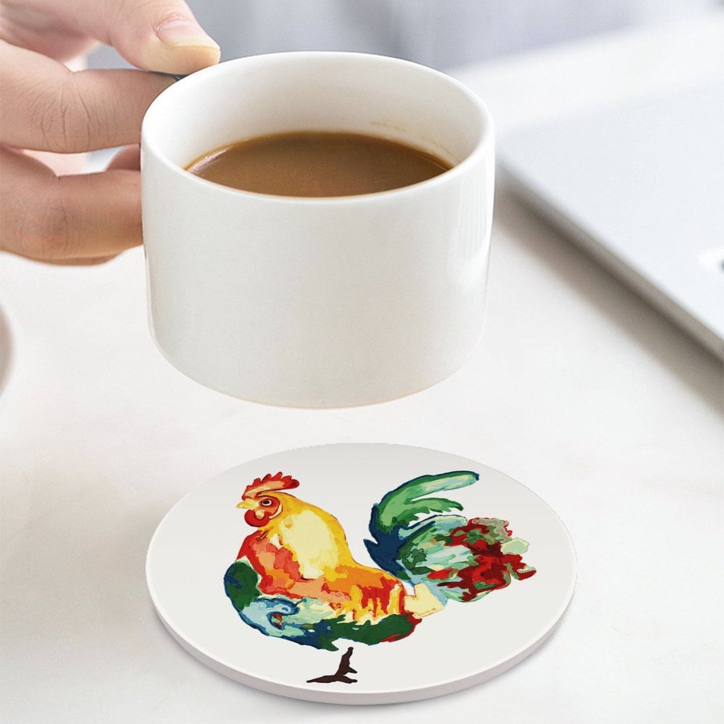 Rooster Round Ceramic Coaster Sets - Blue Cava