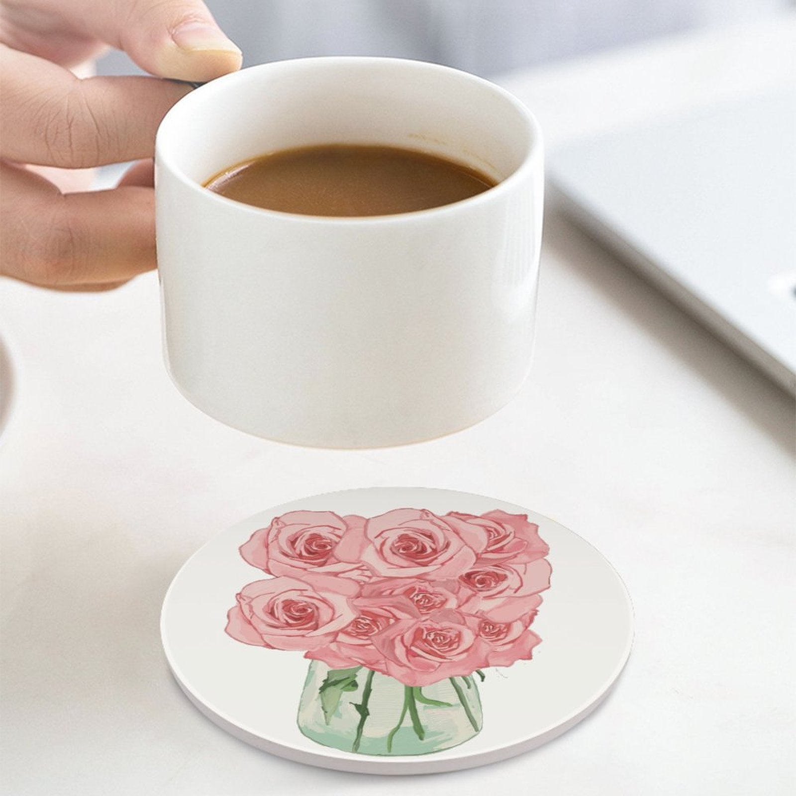 Roses Bouquet Ceramic Coaster - Blue Cava