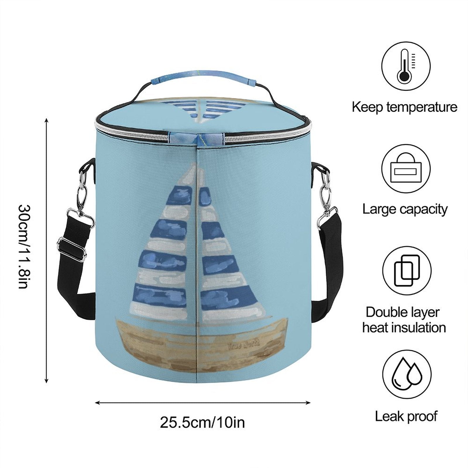 Round Collapsible Insulated Cooler Bag with Shoulder Strap A018 (All - Over Printing) - Blue Cava