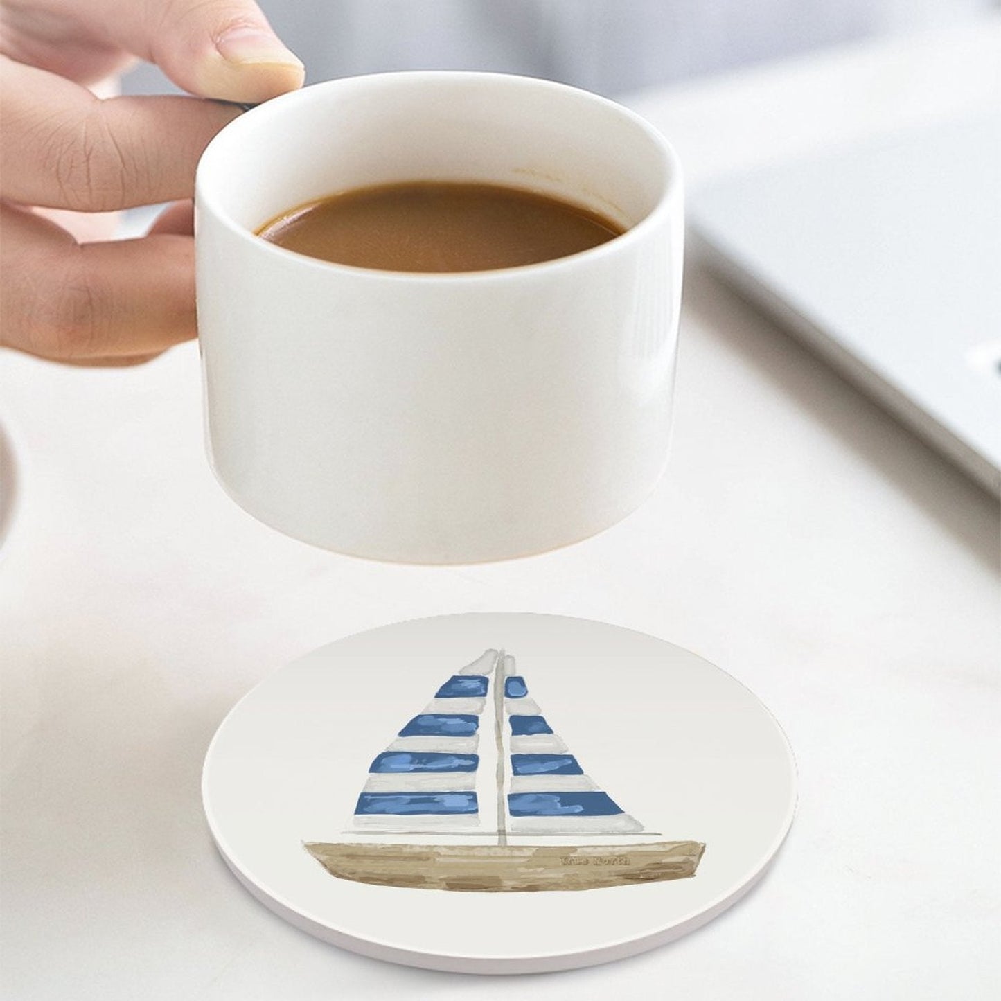 Sail Boat Round Ceramic Coaster - Blue Cava