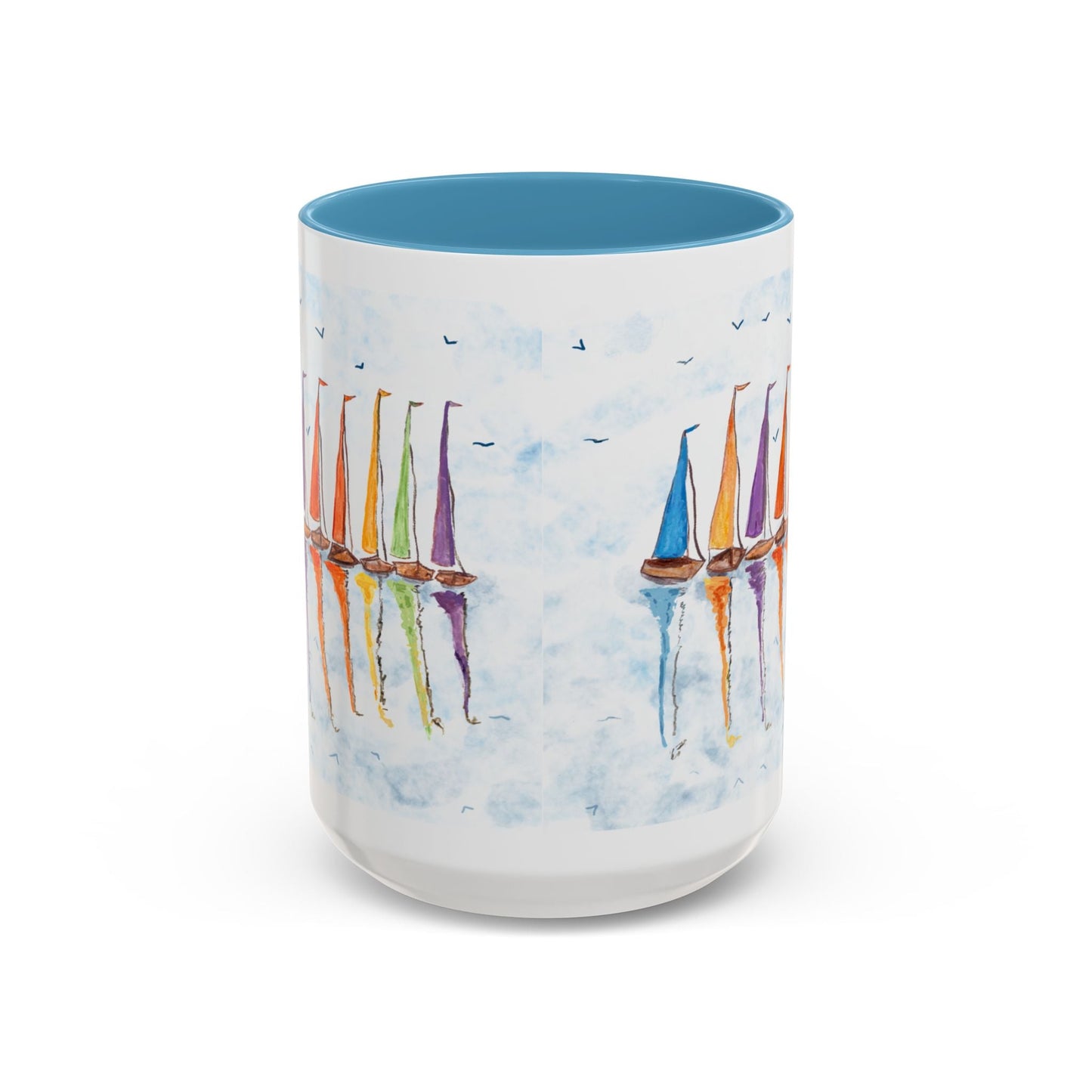 Sailboat Reflections Accent Coffee Mug (11oz + 15oz) - Blue Cava