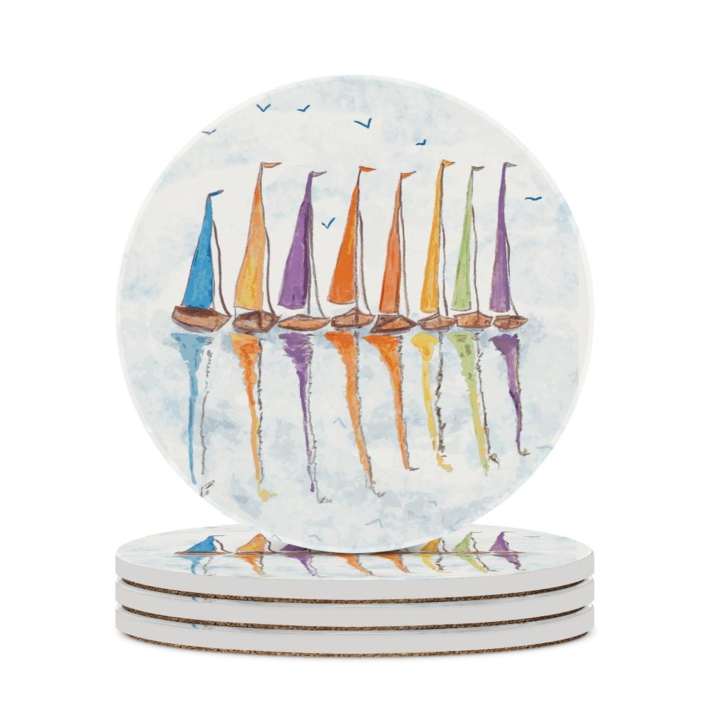 Sailboat Reflections Round Ceramic Coaster Sets - Blue Cava