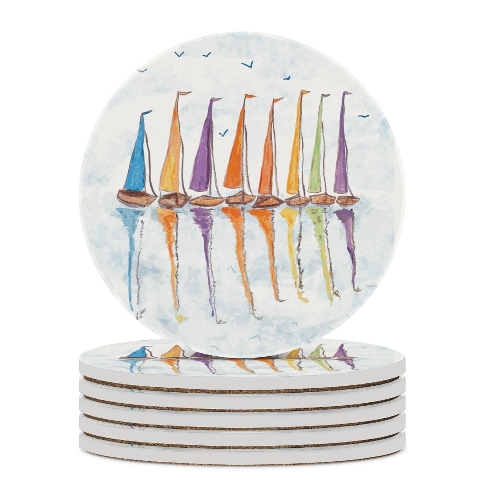 Sailboat Reflections Round Ceramic Coaster Sets - Blue Cava