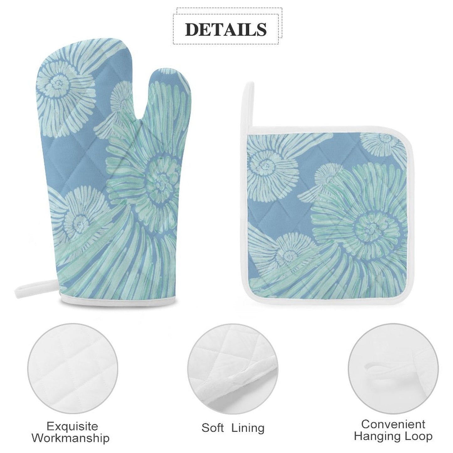 Sea Shells Oven Mitts & Pot Holder - Blue Cava