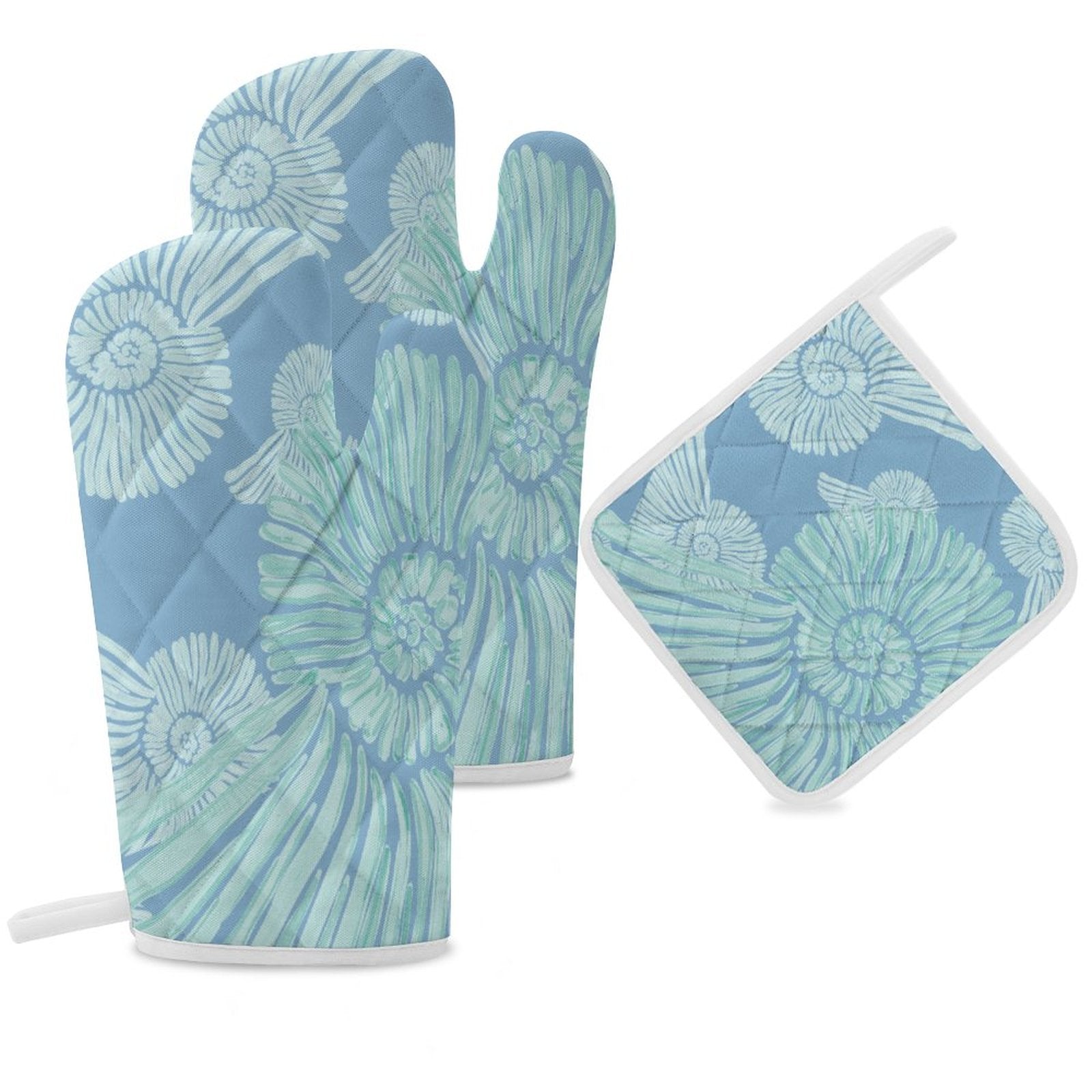 Sea Shells Oven Mitts & Pot Holder - Blue Cava