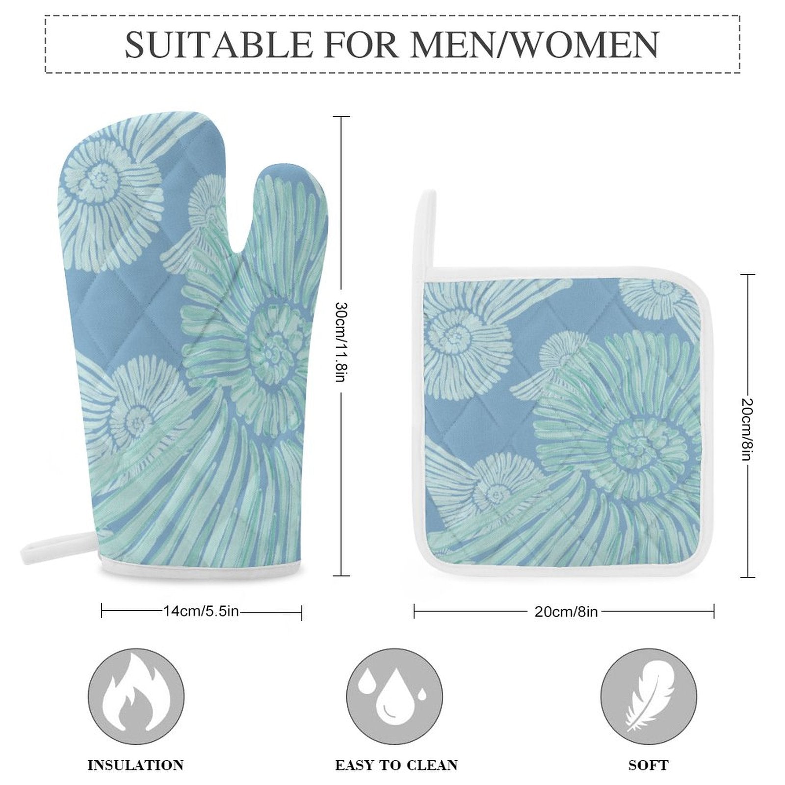 Sea Shells Oven Mitts & Pot Holder - Blue Cava