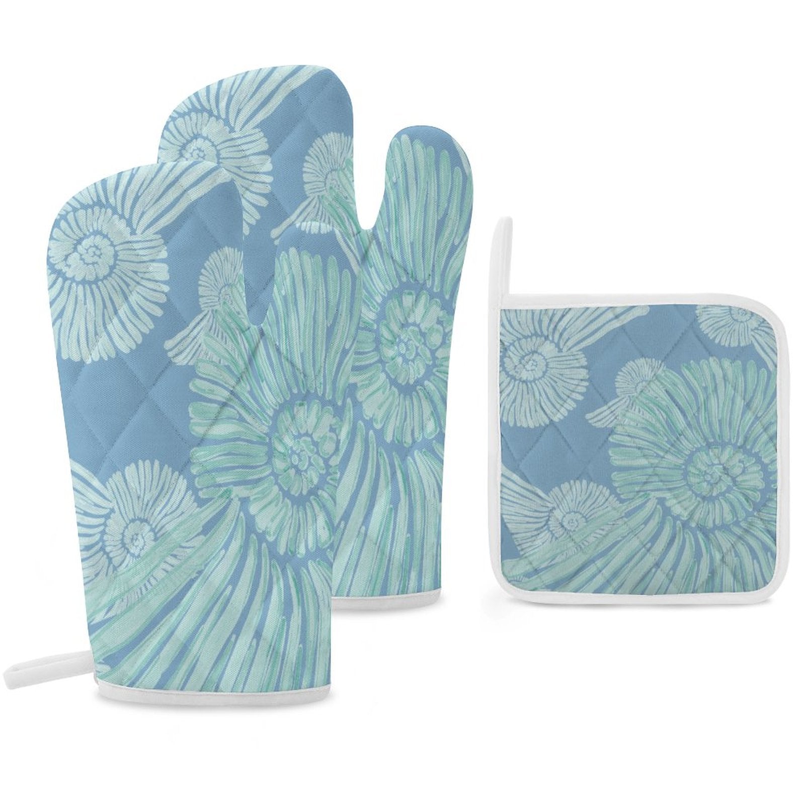 Sea Shells Oven Mitts & Pot Holder - Blue Cava