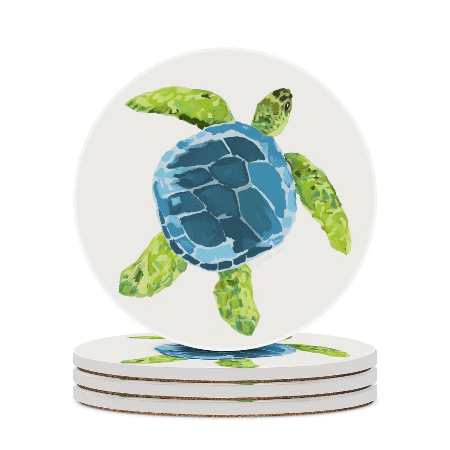 Sea Turtle Round Ceramic Coaster Sets - Blue Cava