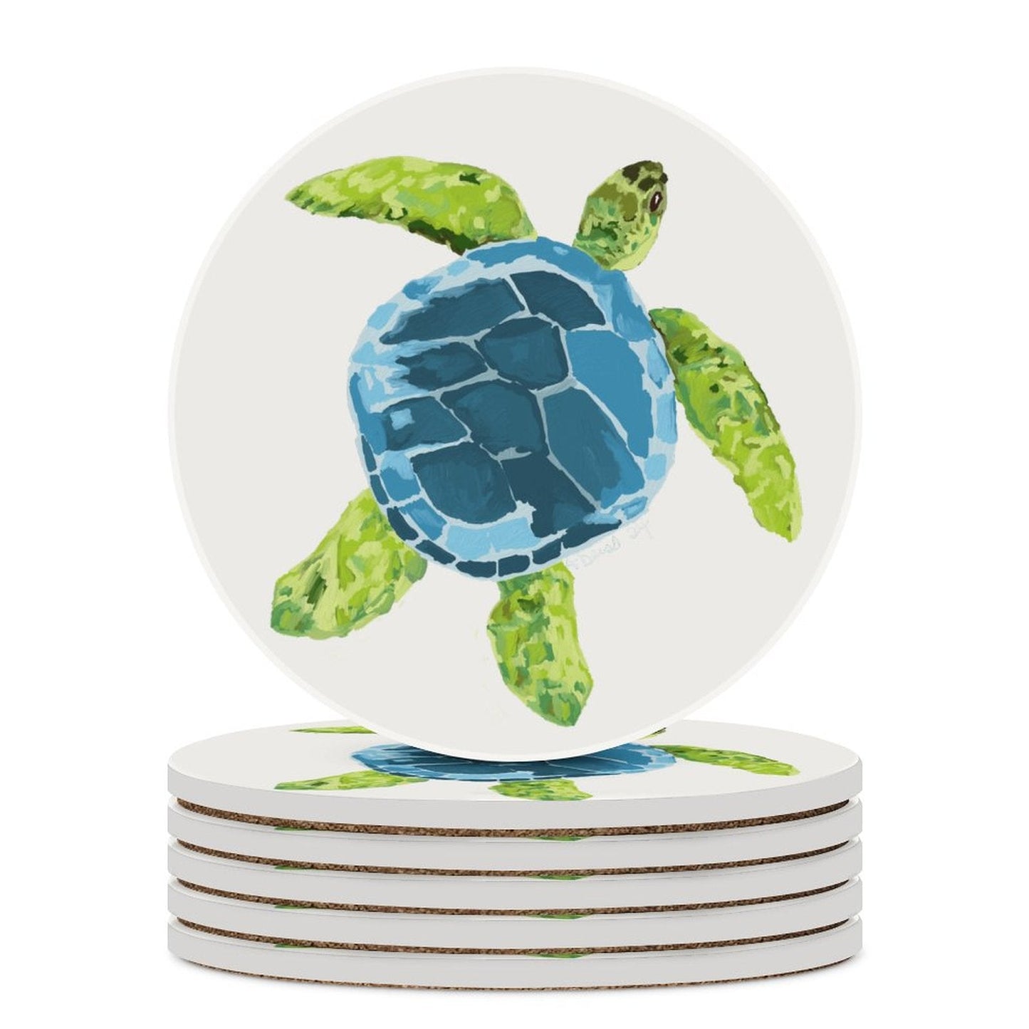 Sea Turtle Round Ceramic Coaster Sets - Blue Cava