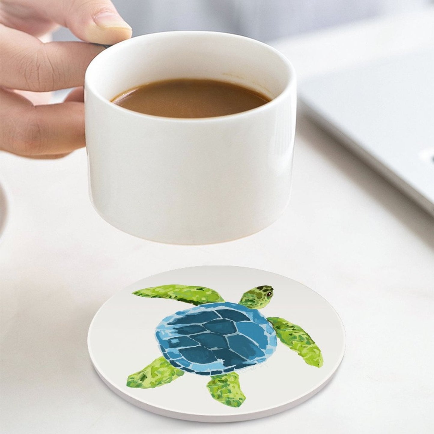 Sea Turtle Round Ceramic Coaster Sets - Blue Cava