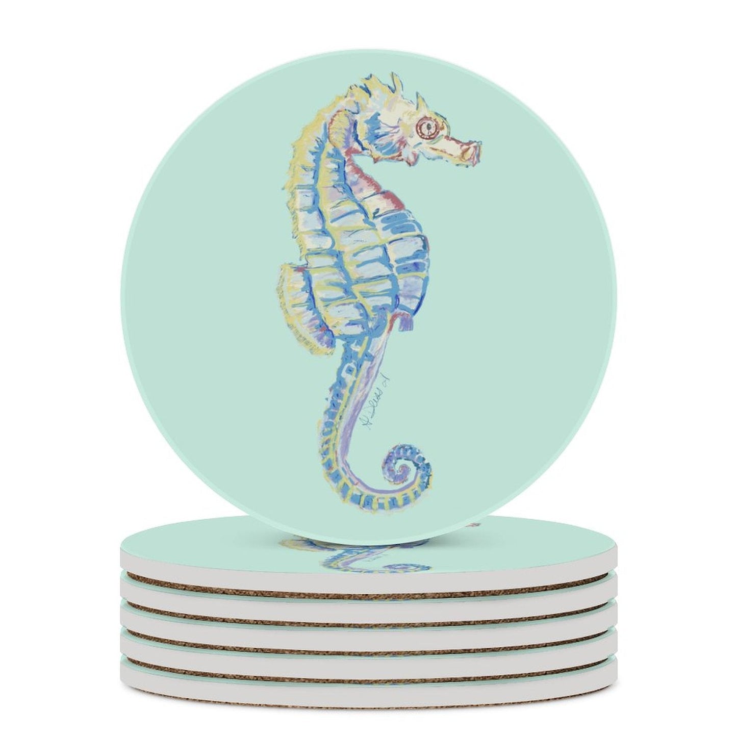 Seahorse Round Ceramic Coaster Sets - Blue Cava