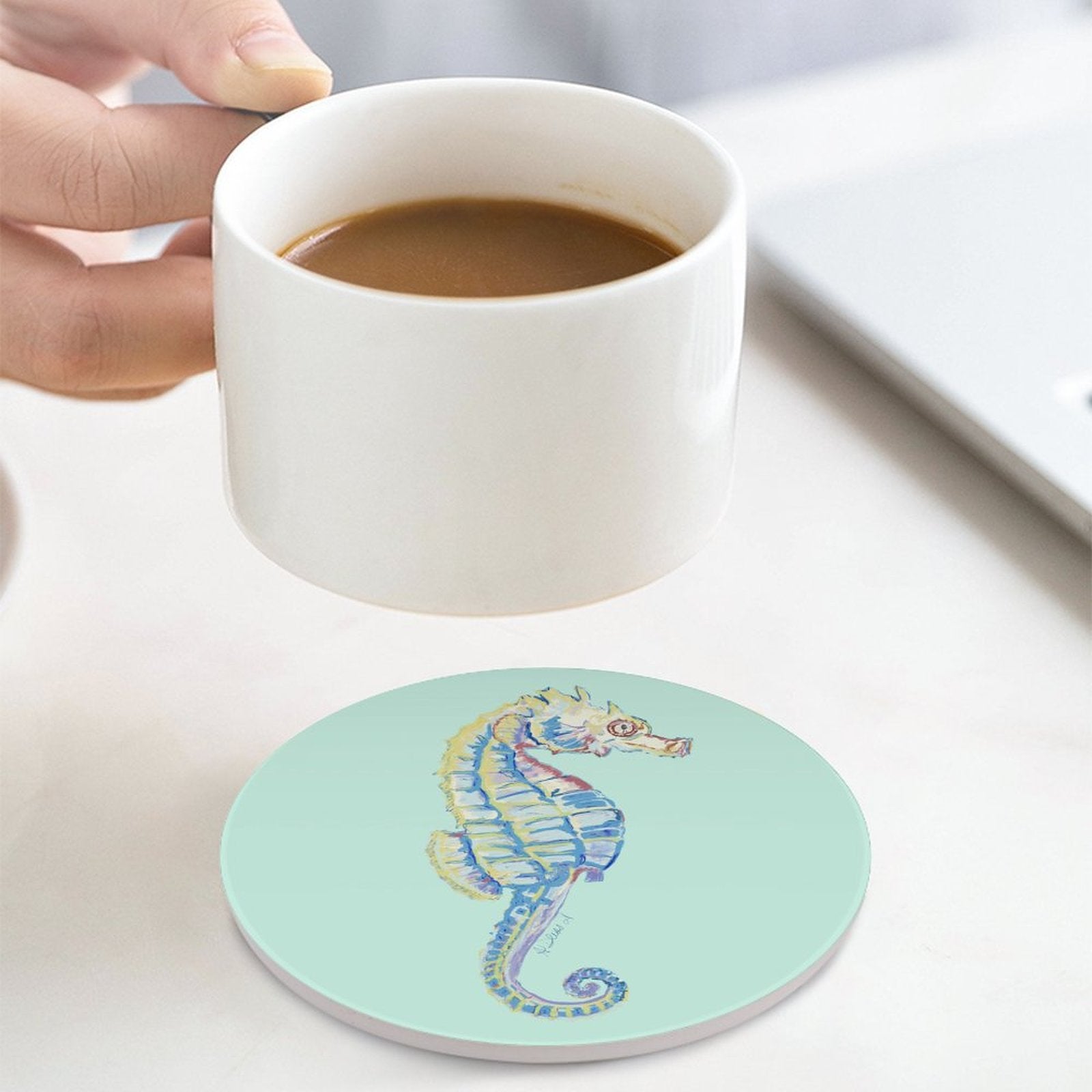 Seahorse Round Ceramic Coaster Sets - Blue Cava