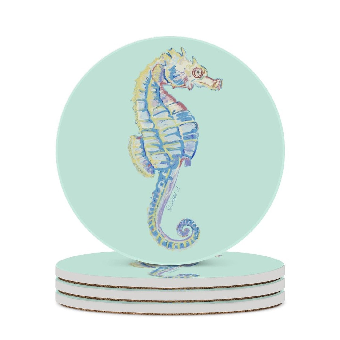 Seahorse Round Ceramic Coaster Sets - Blue Cava