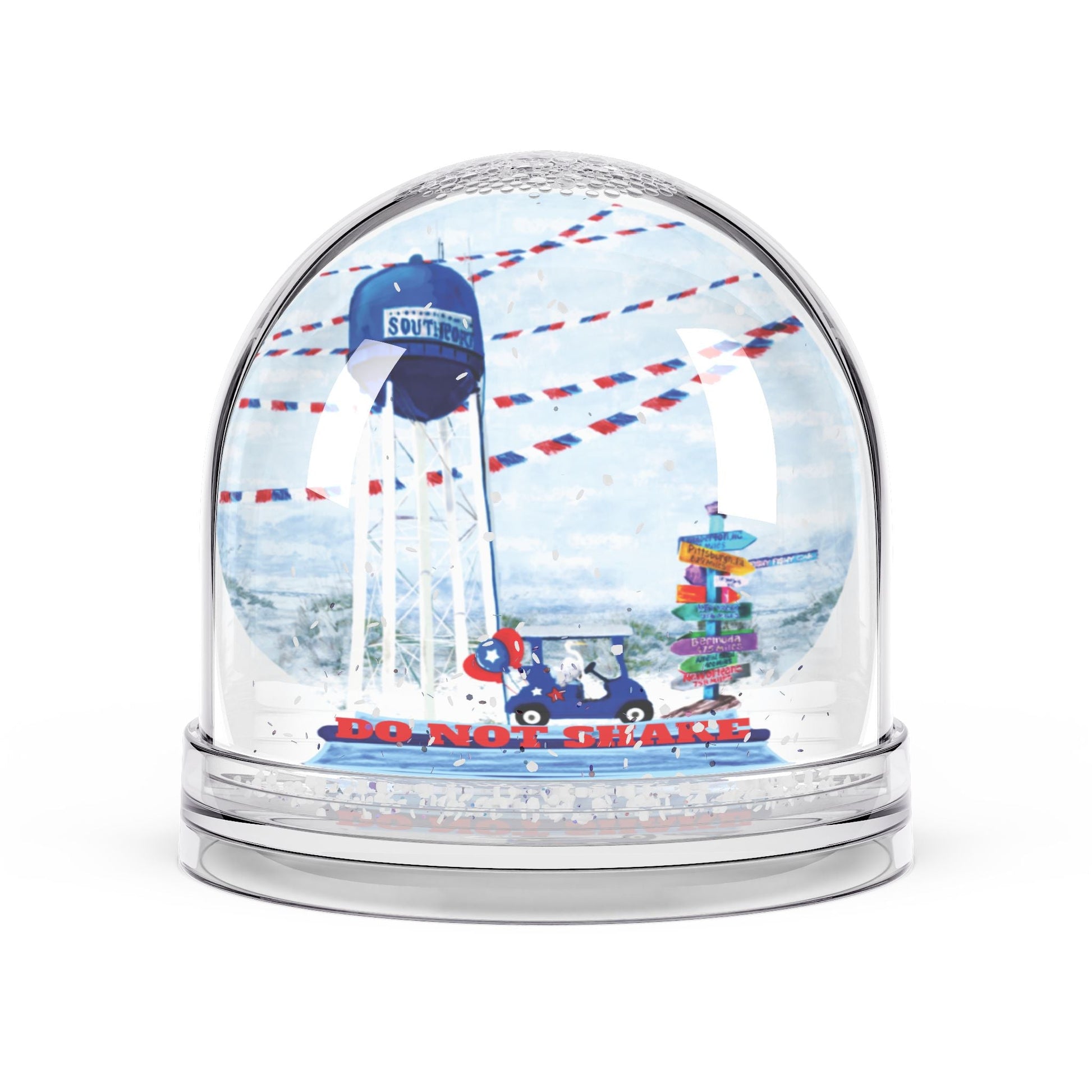 Southport Charming Snow Globe with Scenic Watertower and Direction Signs - DO NOT SHAKE wording - Blue Cava