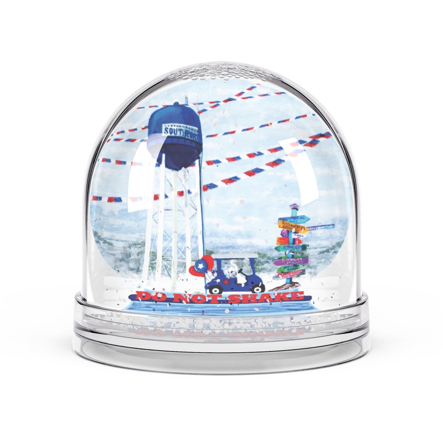 Southport Charming Snow Globe with Scenic Watertower and Direction Signs - DO NOT SHAKE wording - Blue Cava