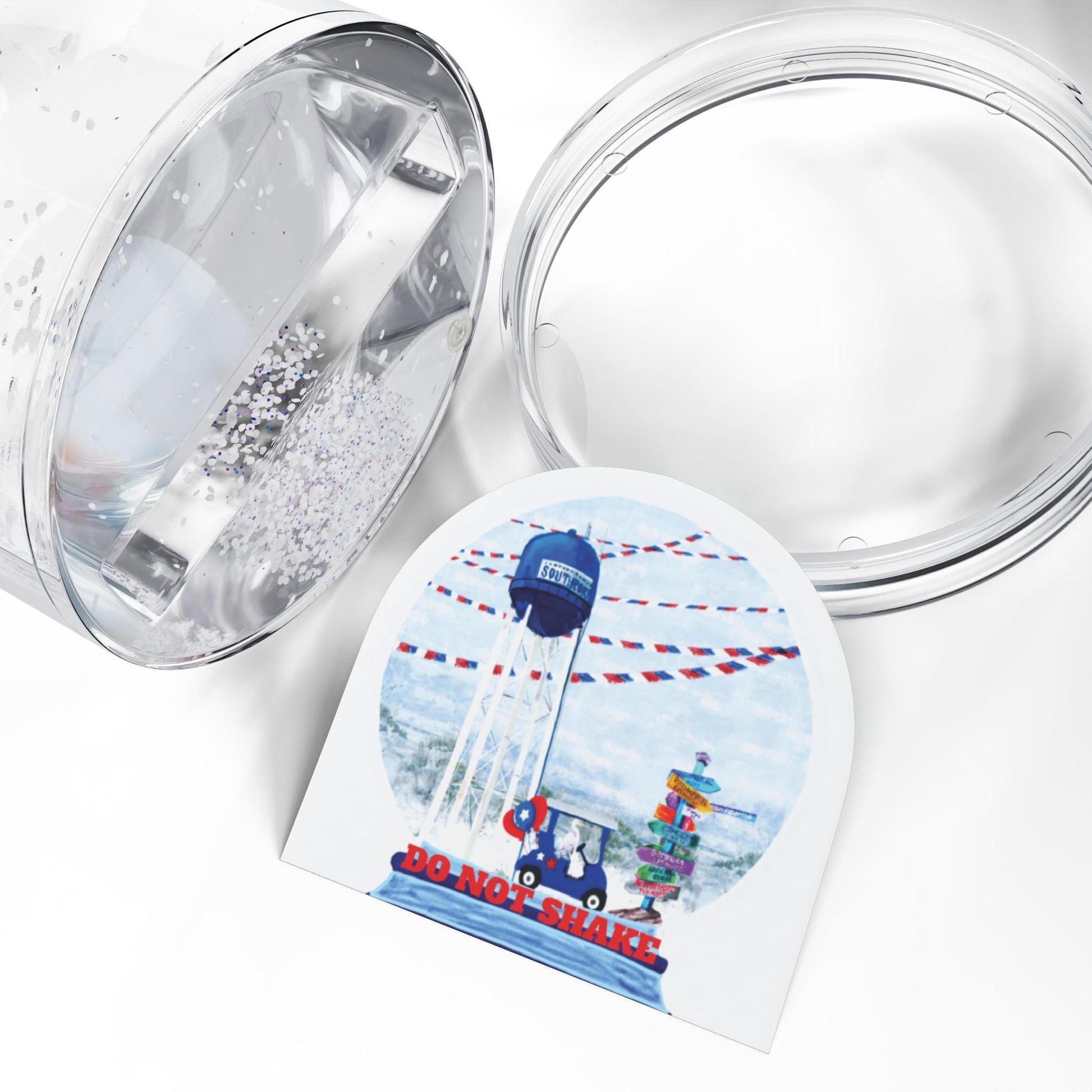 Southport Charming Snow Globe with Scenic Watertower and Direction Signs - DO NOT SHAKE wording - Blue Cava