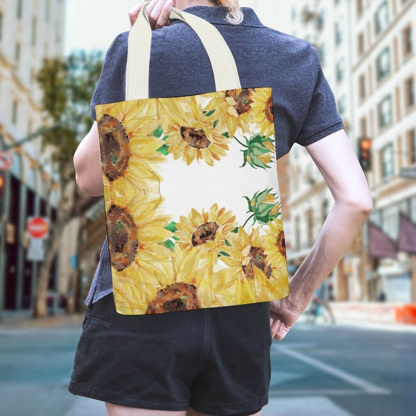 Sunflower Canvas Material Tote Bags with Interior Pocket - Blue Cava