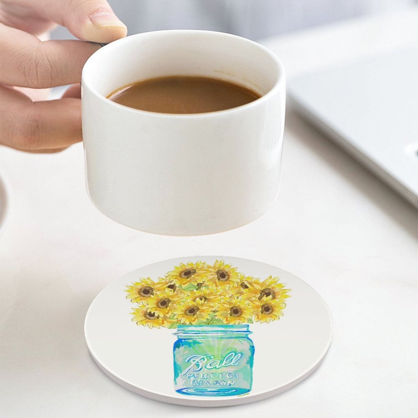 Sunflower Mason Jar Ceramic Coaster - Blue Cava