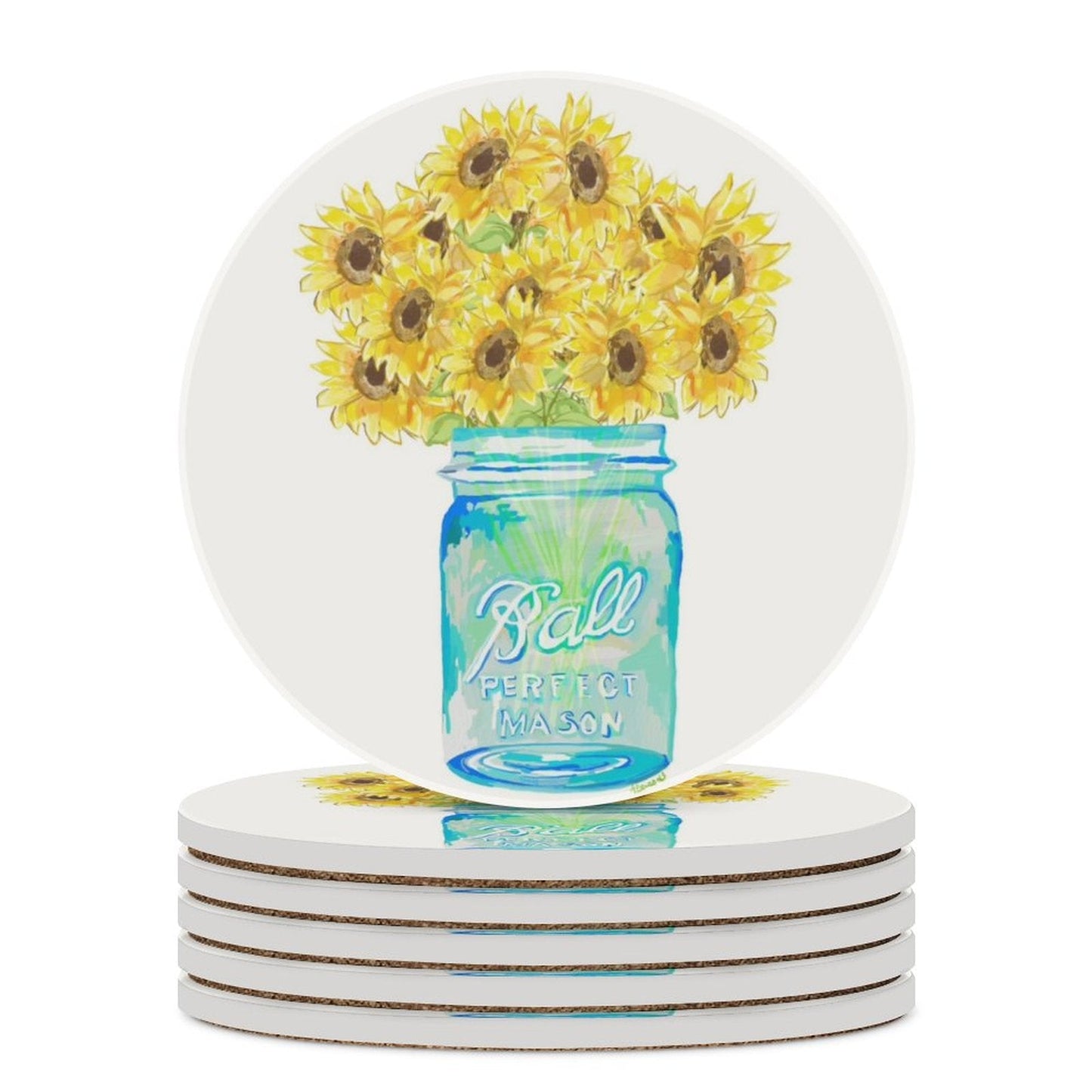 Sunflower Mason Jar Ceramic Coaster - Blue Cava