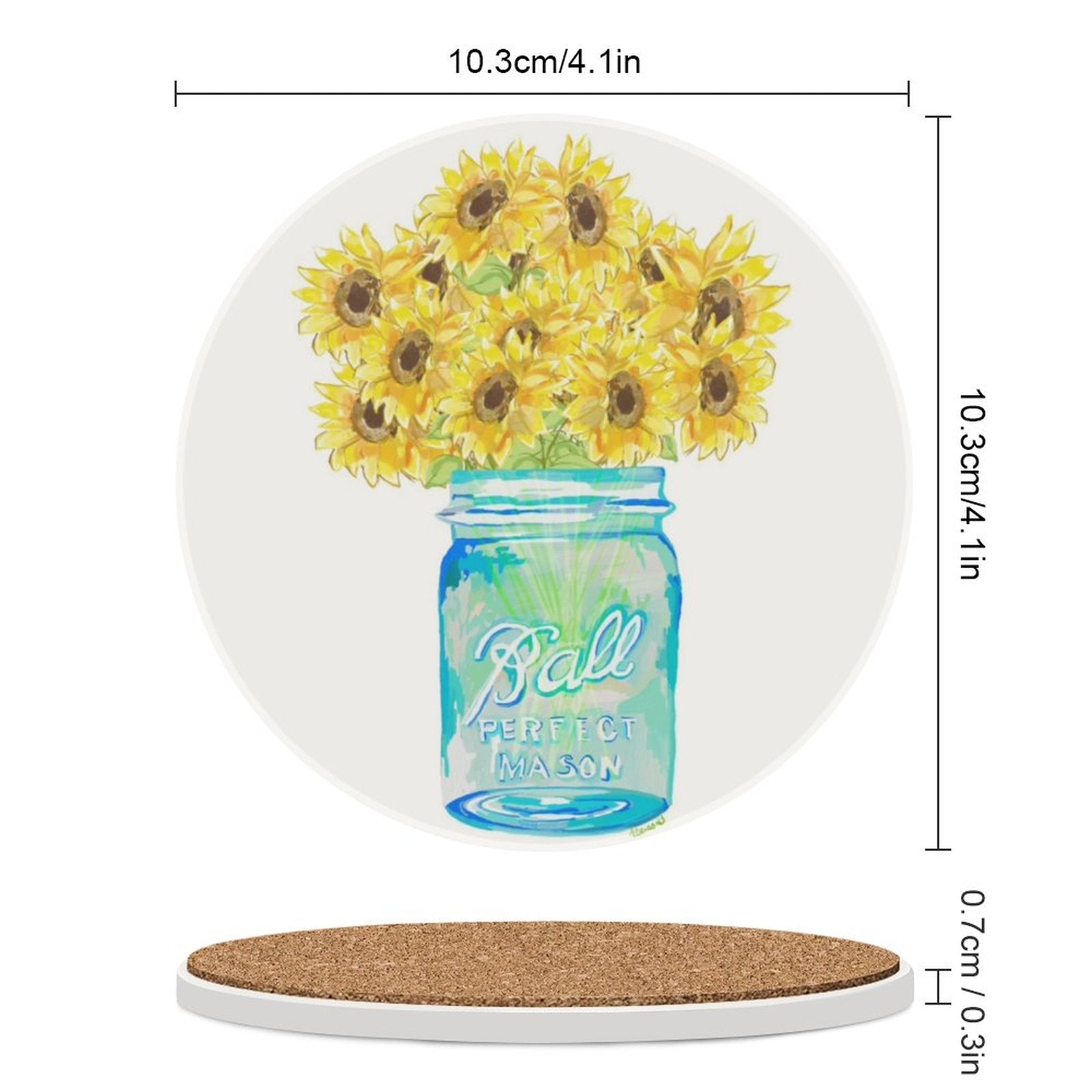 Sunflower Mason Jar Ceramic Coaster - Blue Cava