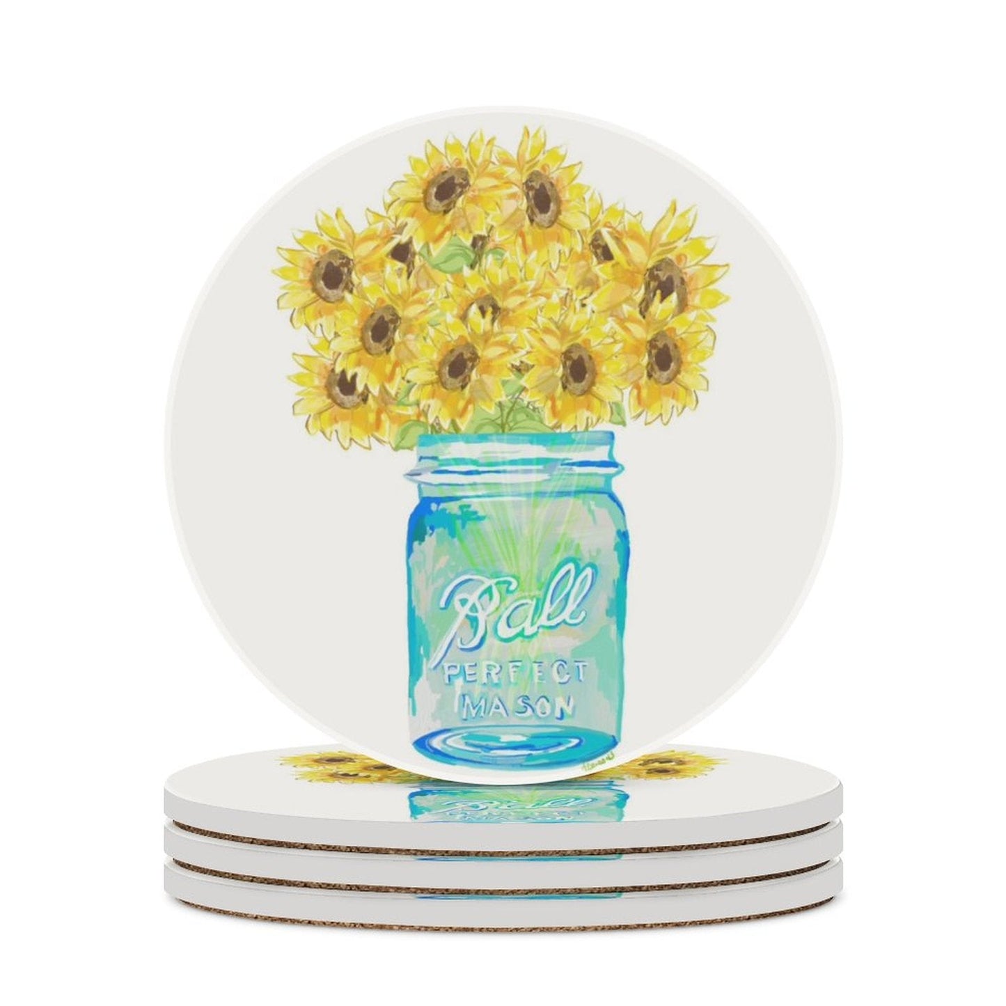 Sunflower Mason Jar Ceramic Coaster - Blue Cava