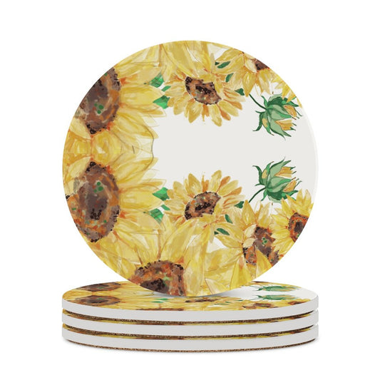 Sunflowers Round Ceramic Coaster Set - Blue Cava