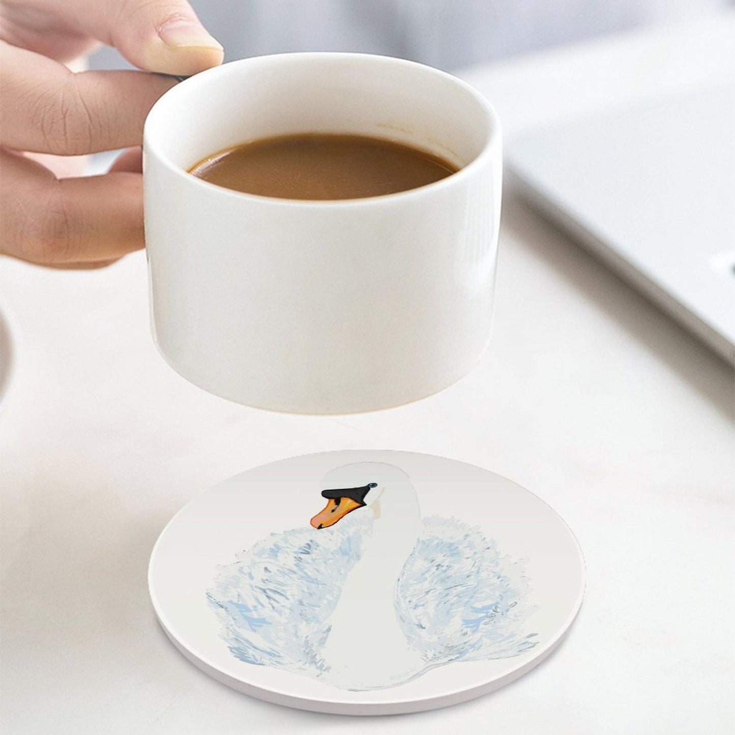 Swan Round Ceramic Coaster Set - Blue Cava