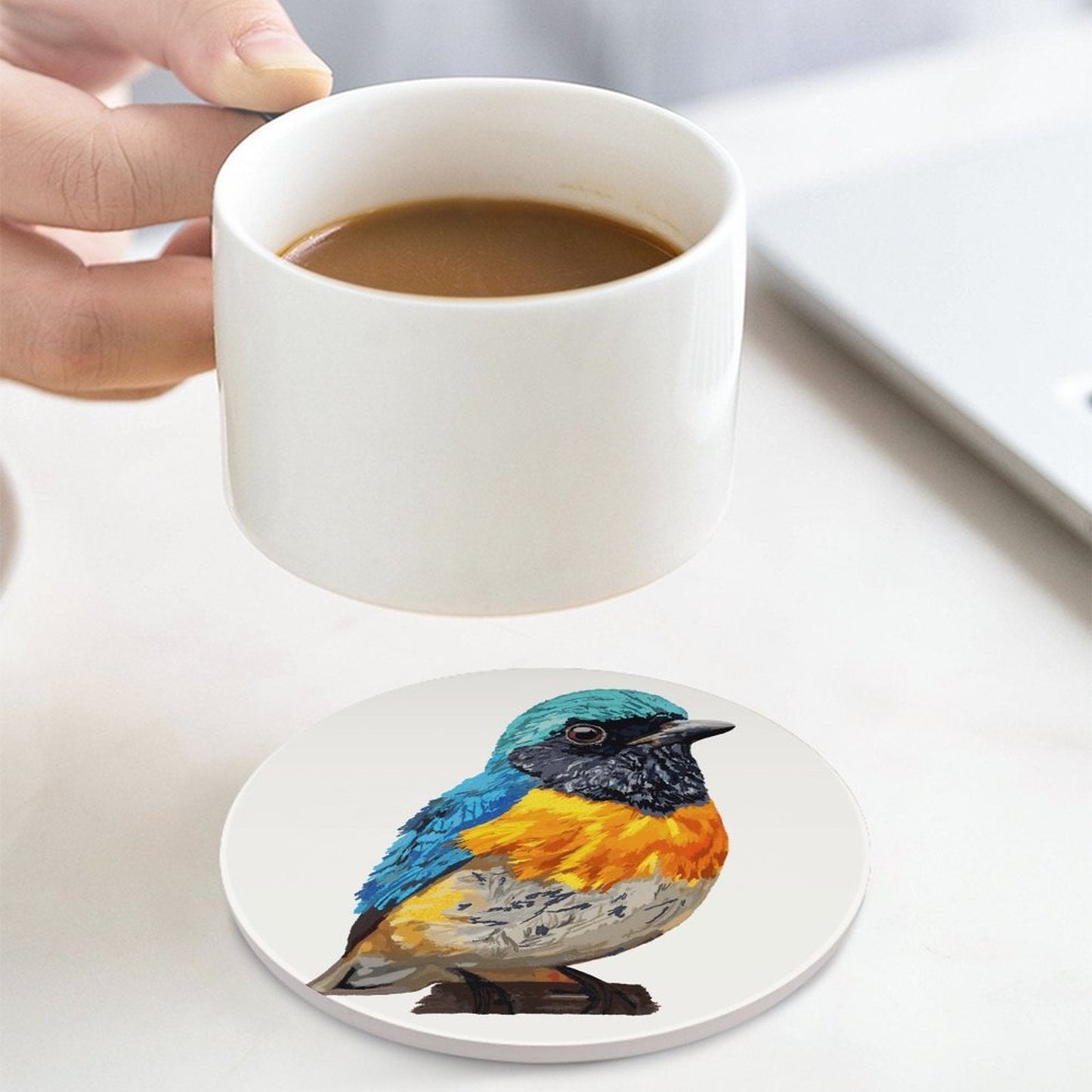 Tangara Bird Round Ceramic Coaster - Blue Cava