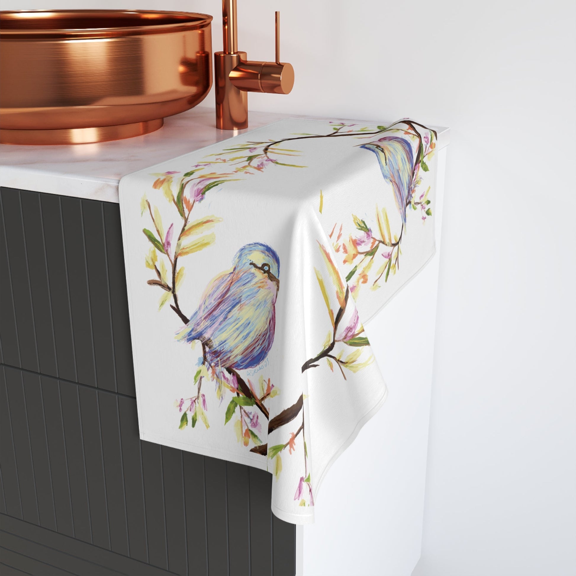 Watercolor Bird Hand Towel (Poly/Cotton) - Blue Cava