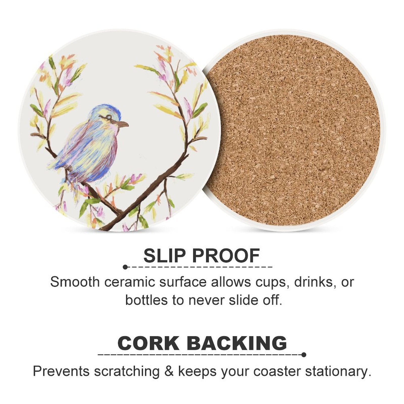 Watercolor Bird Round Ceramic Coaster - Blue Cava