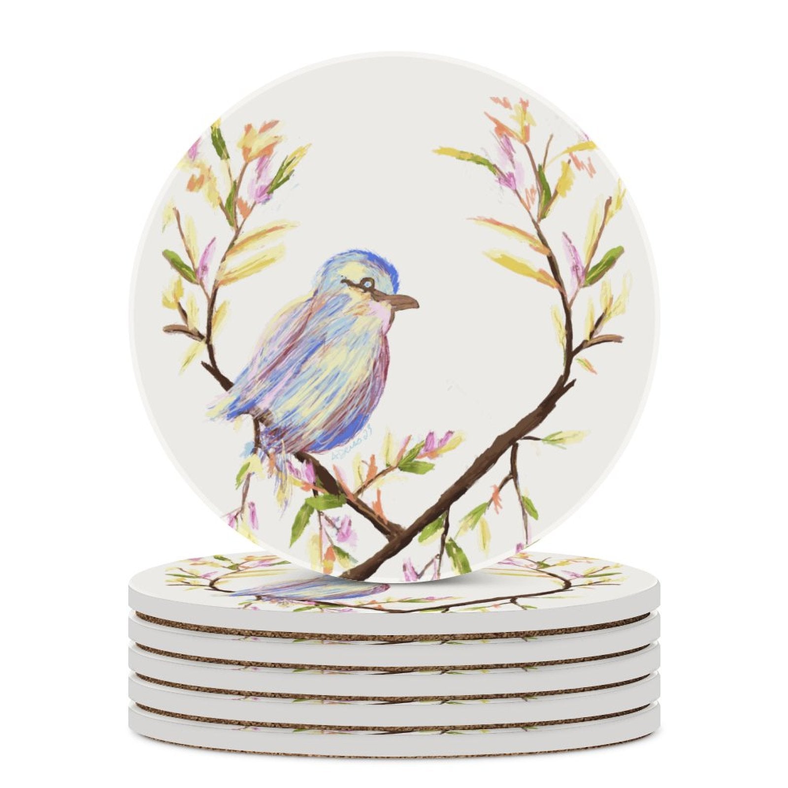 Watercolor Bird Round Ceramic Coaster - Blue Cava