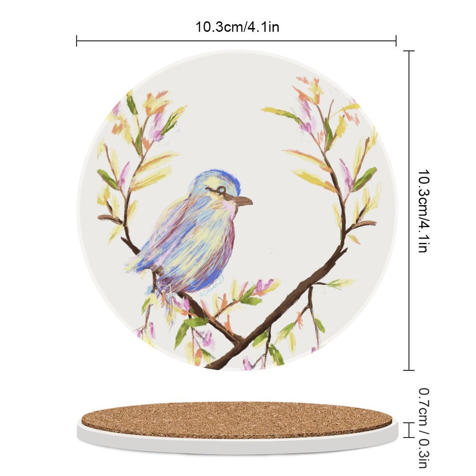 Watercolor Bird Round Ceramic Coaster - Blue Cava