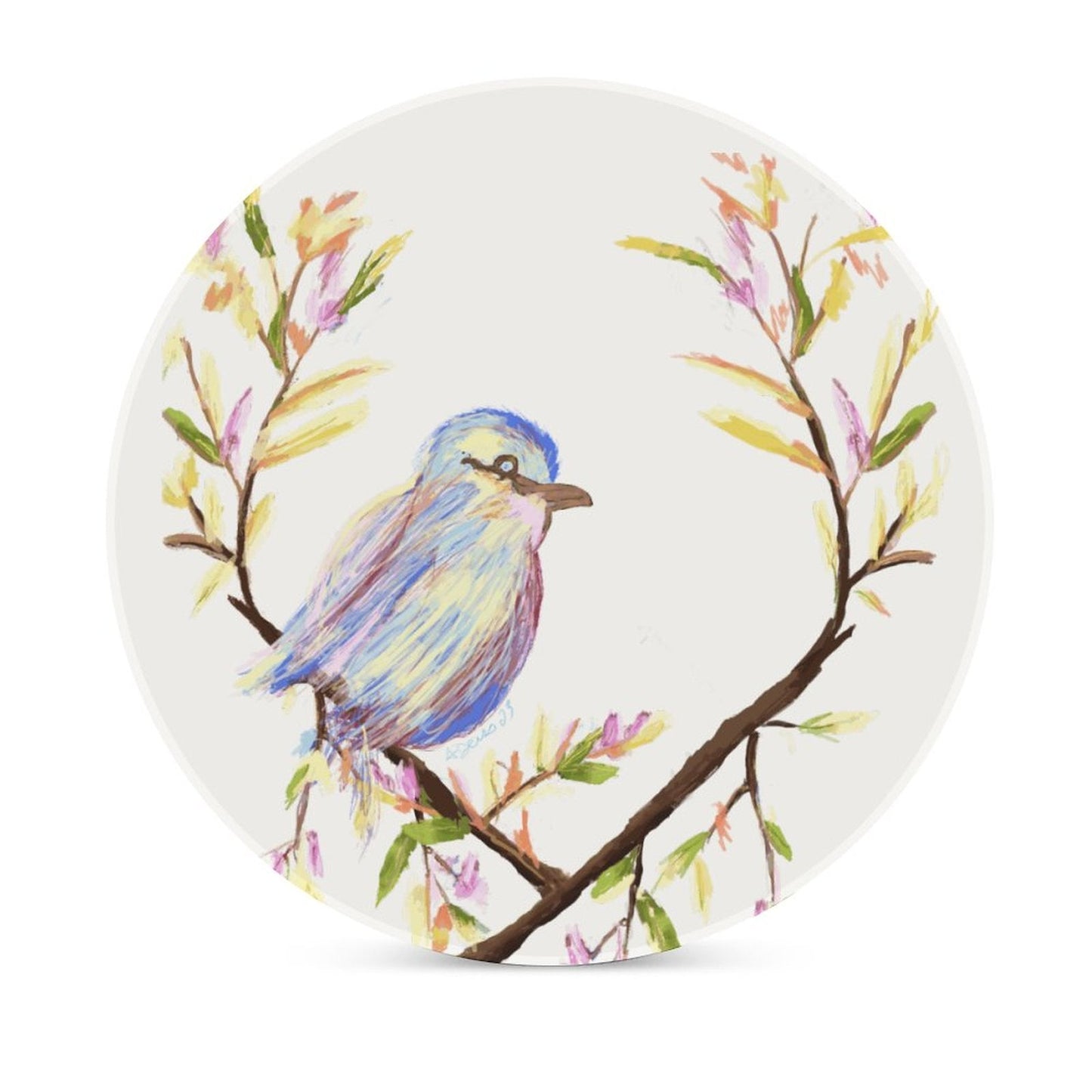 Watercolor Bird Round Ceramic Coaster - Blue Cava