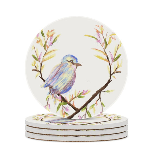 Watercolor Bird Round Ceramic Coaster - Blue Cava